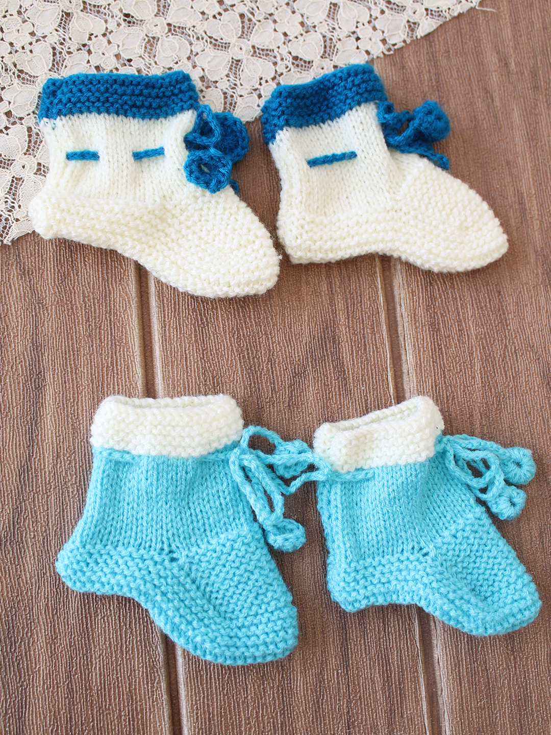 Woonie Handknitted Socks Self Design Pack of 2 - Cream & Light Blue