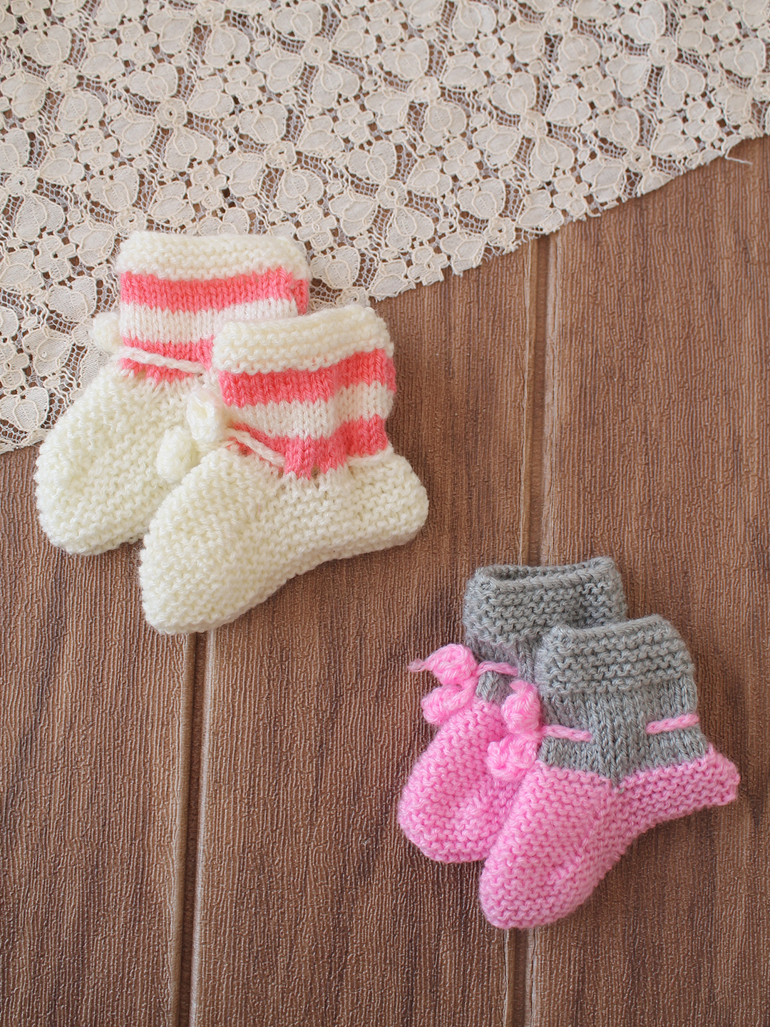 Woonie Handknitted Socks with Striped & Self Design Pack of 2 - Cream & Pink