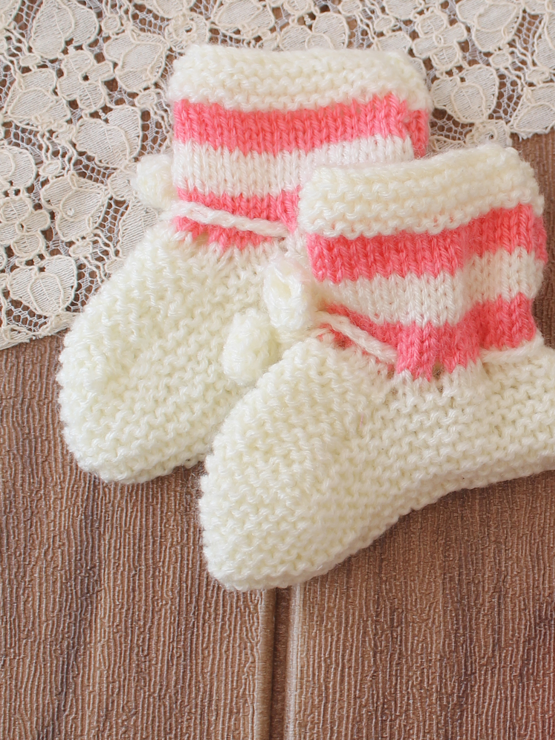 Woonie Handknitted Socks with Striped & Self Design Pack of 2 - Cream & Pink