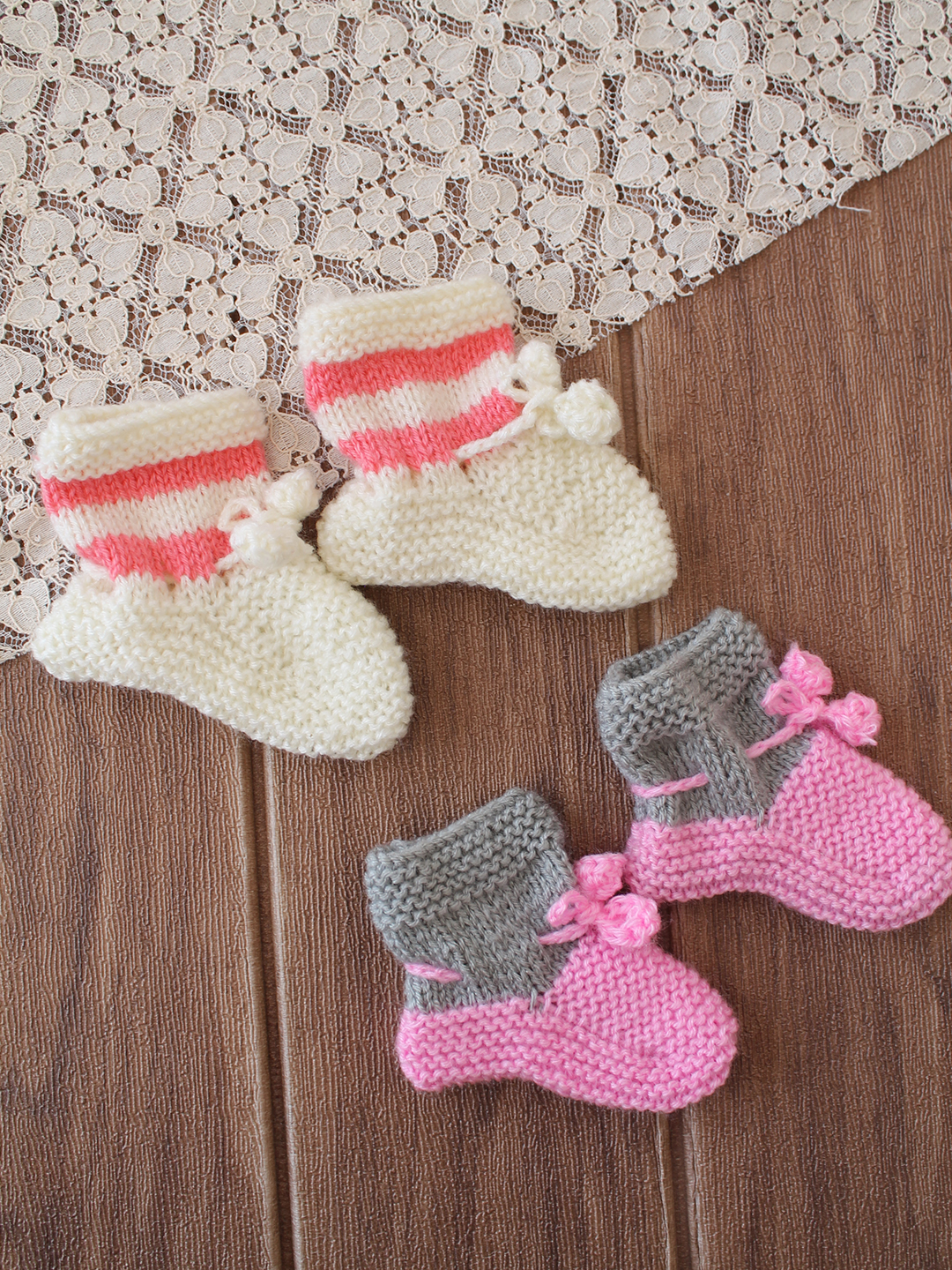 Woonie Handknitted Socks with Striped & Self Design Pack of 2 - Cream & Pink