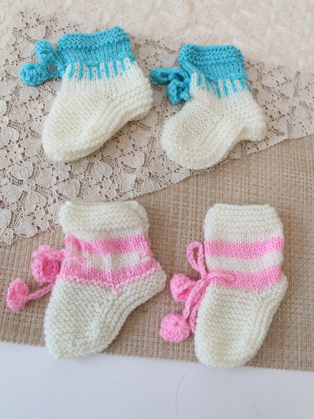 Woonie HandKnitted Ankle Length Socks with Striped & Self Design Pack of 2 - Blue & Pink