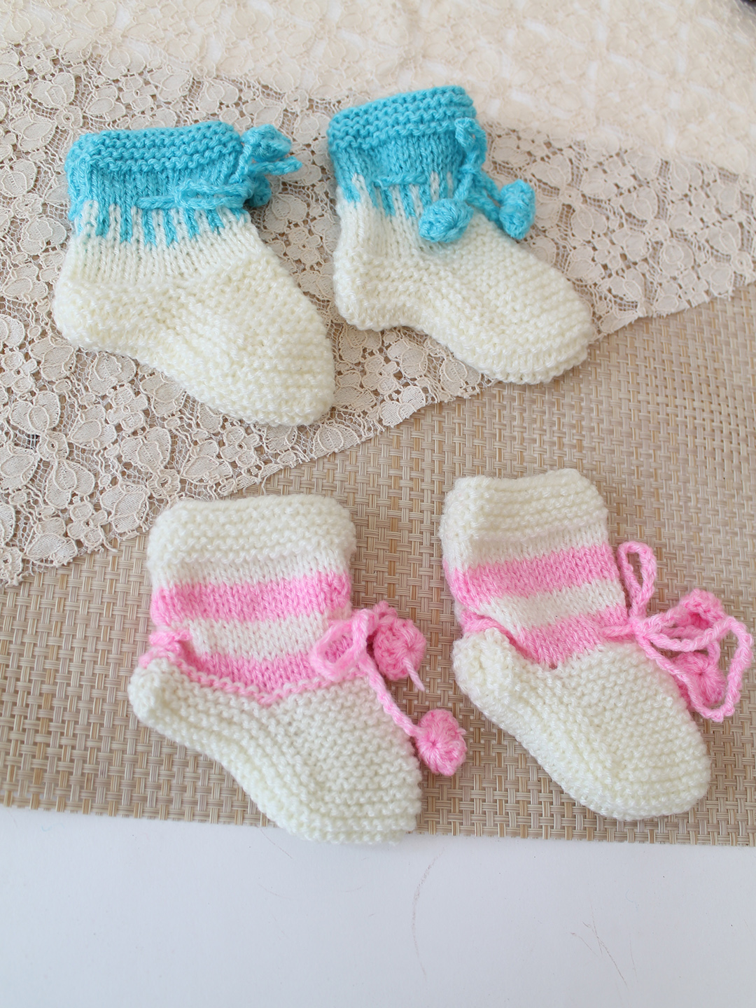 Woonie HandKnitted Ankle Length Socks with Striped & Self Design Pack of 2 - Blue & Pink