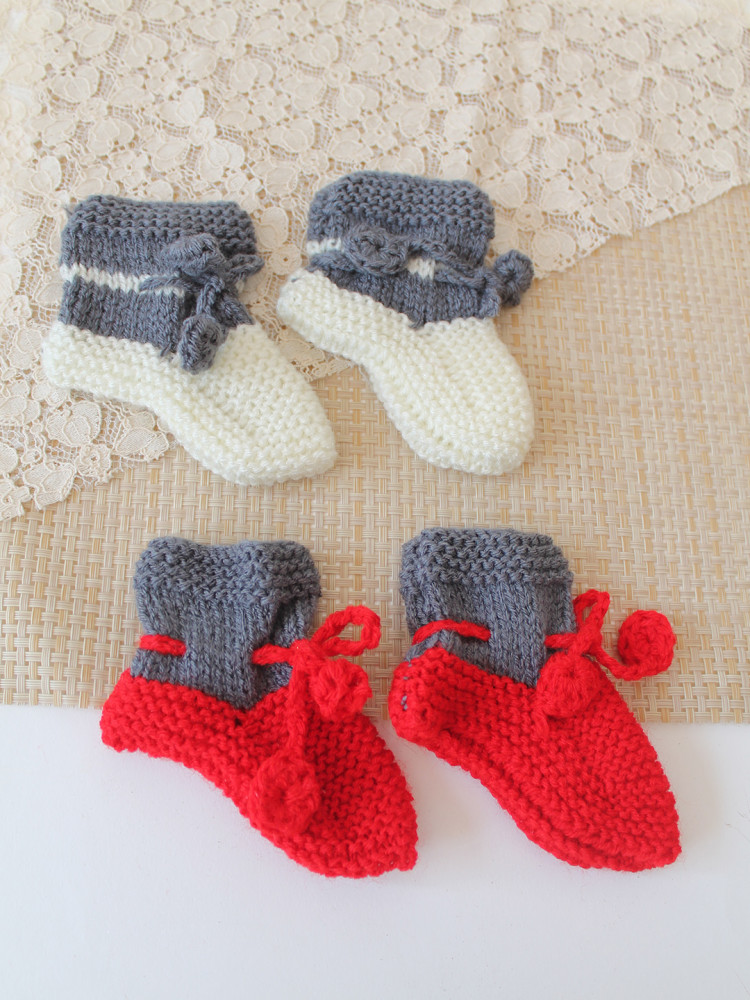 Image of Woonie HandKnitted Ankle Length Socks with Self Design Pack of 2 - Red &amp; Cream