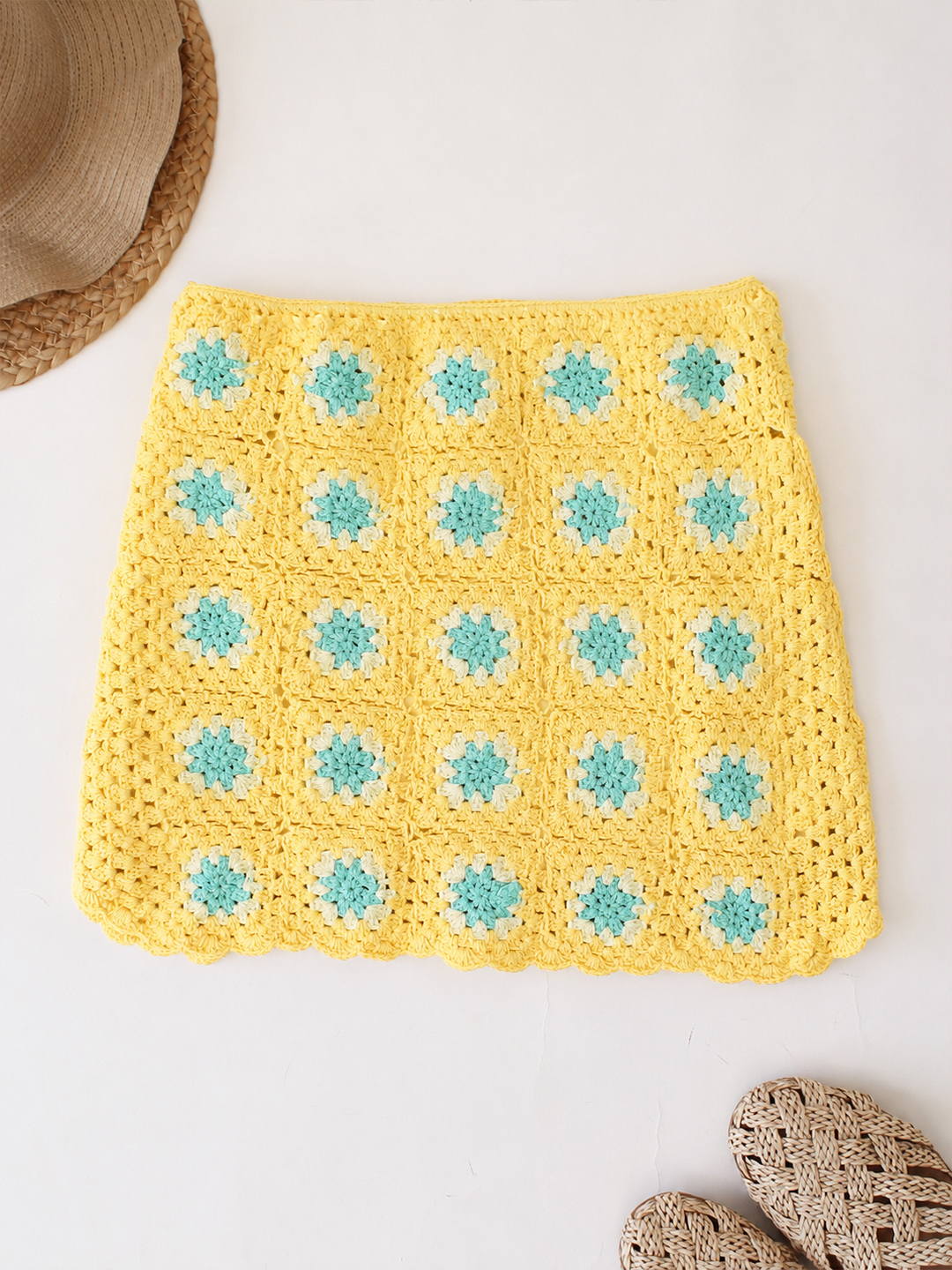 Woonie Cotton Hand Knitted Crochet Detailed Skirt - Yellow