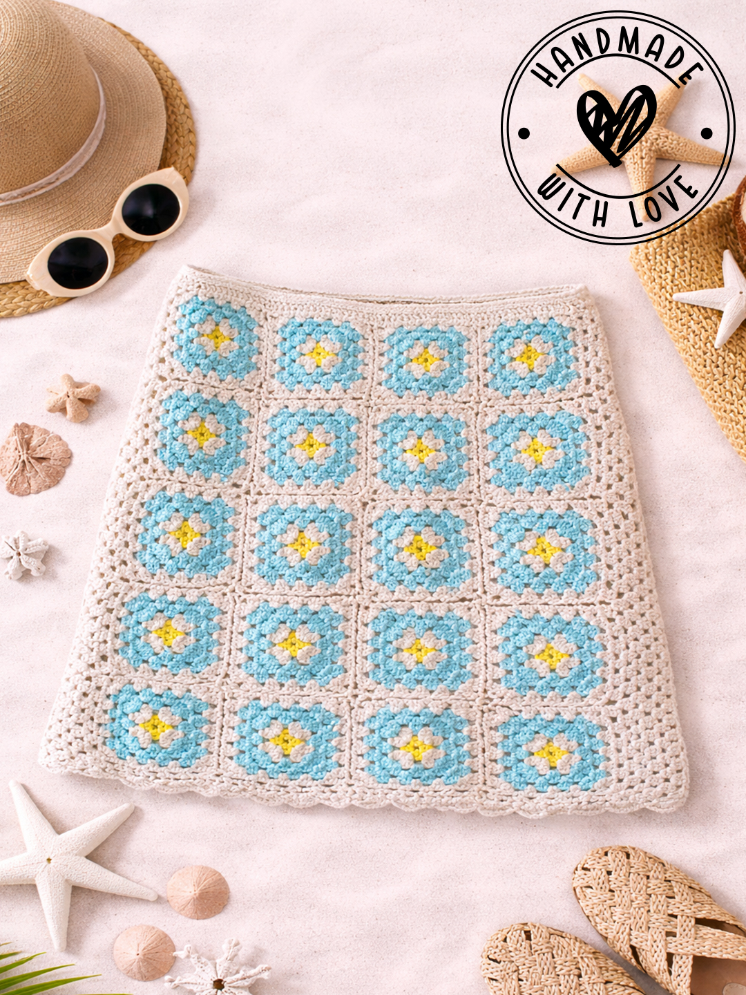 Woonie Cotton Hand Knitted Crochet Detailed Skirt - Cream