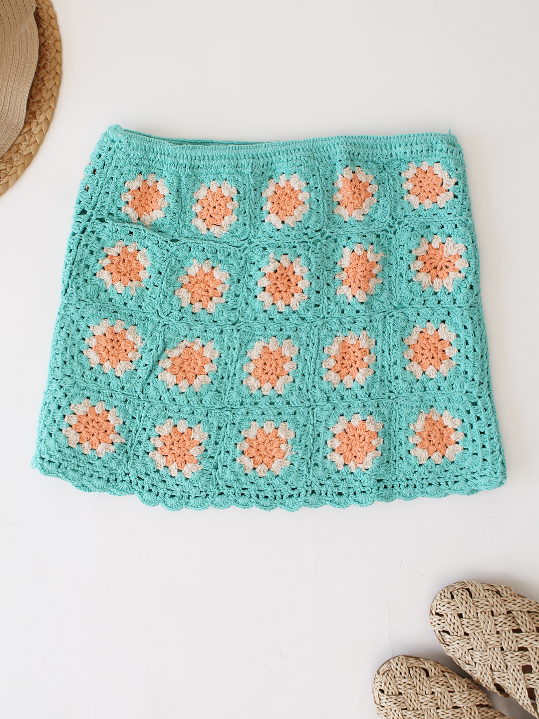 Woonie Cotton Hand Knitted Crochet Detailed Skirt - Sea Green