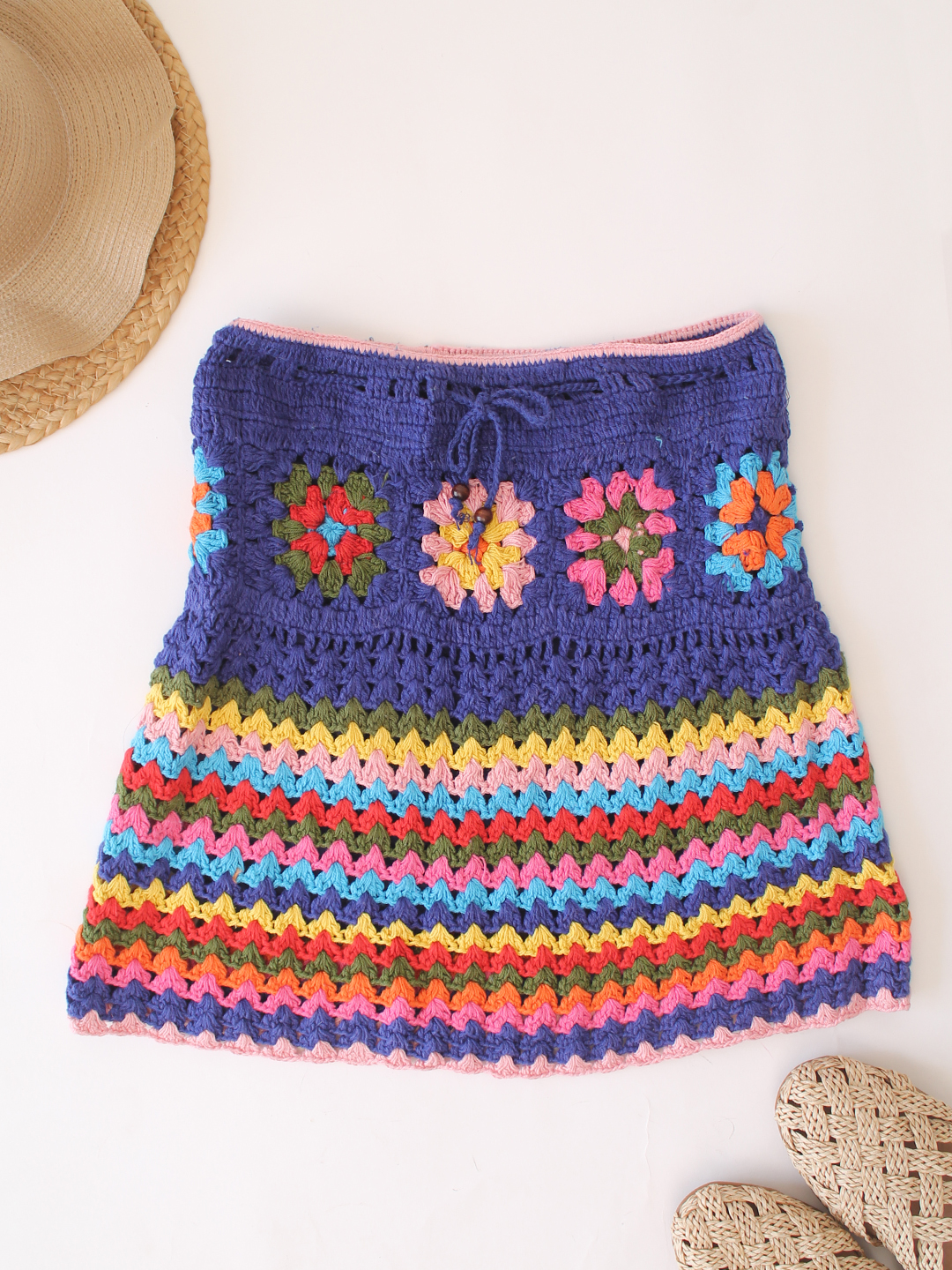 Woonie Cotton Hand Knitted Crochet Detailed Skirt - Multicolor