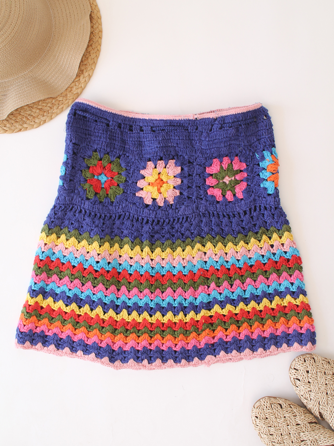 Woonie Cotton Hand Knitted Crochet Detailed Skirt - Multicolor