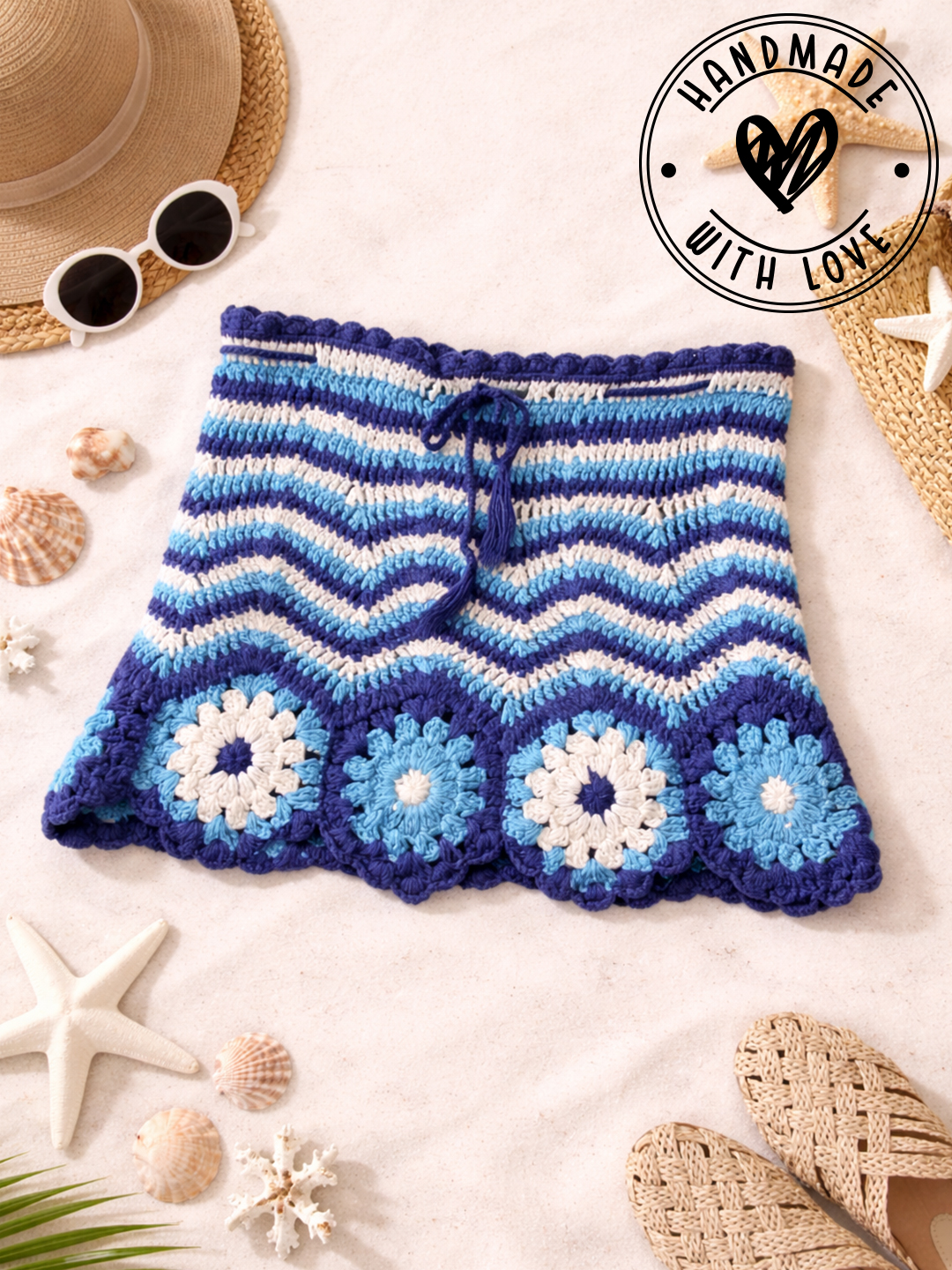 Woonie Cotton Hand Knitted Crochet Detailed Skirt - Blue