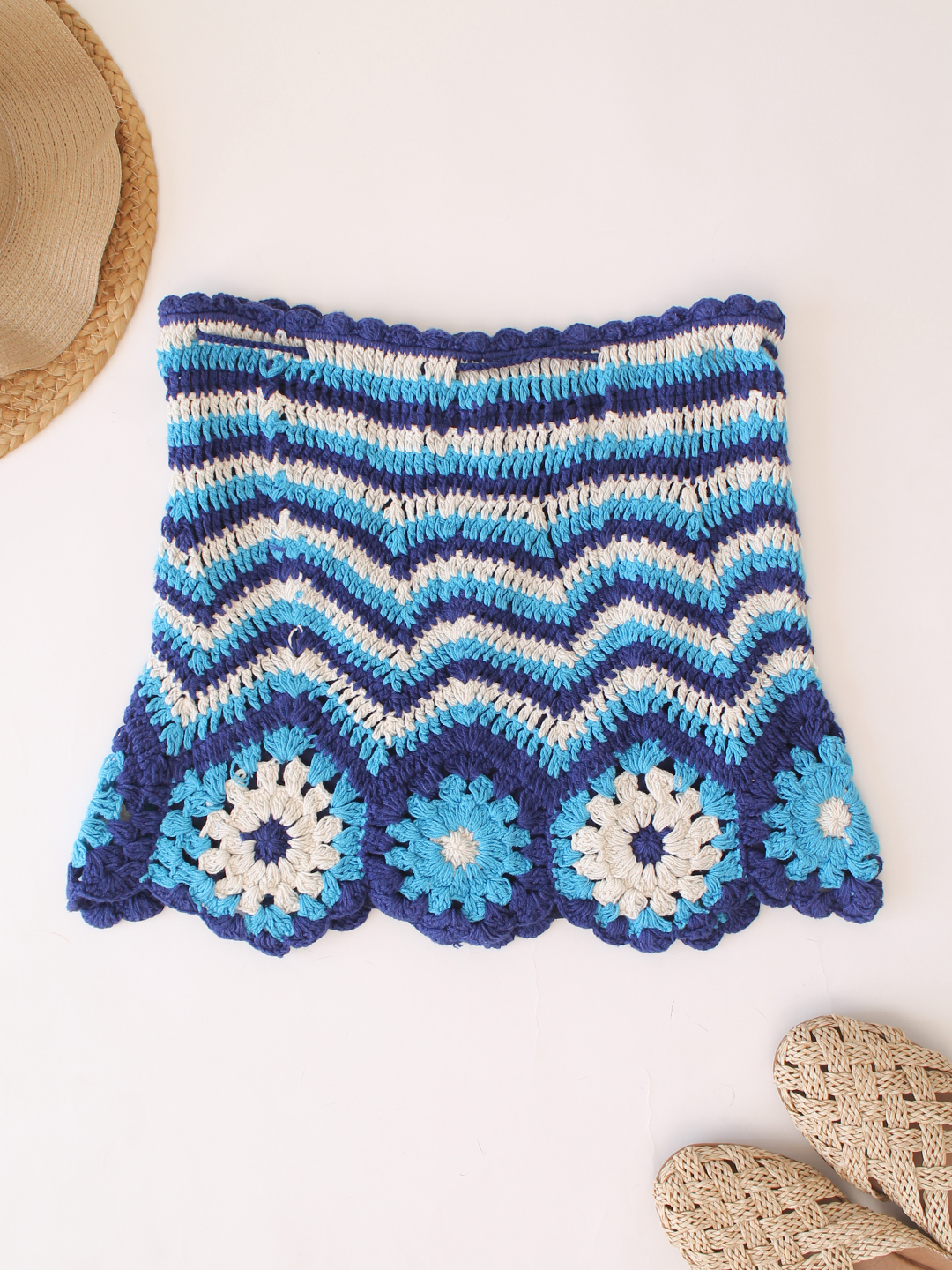 Woonie Cotton Hand Knitted Crochet Detailed Skirt - Blue