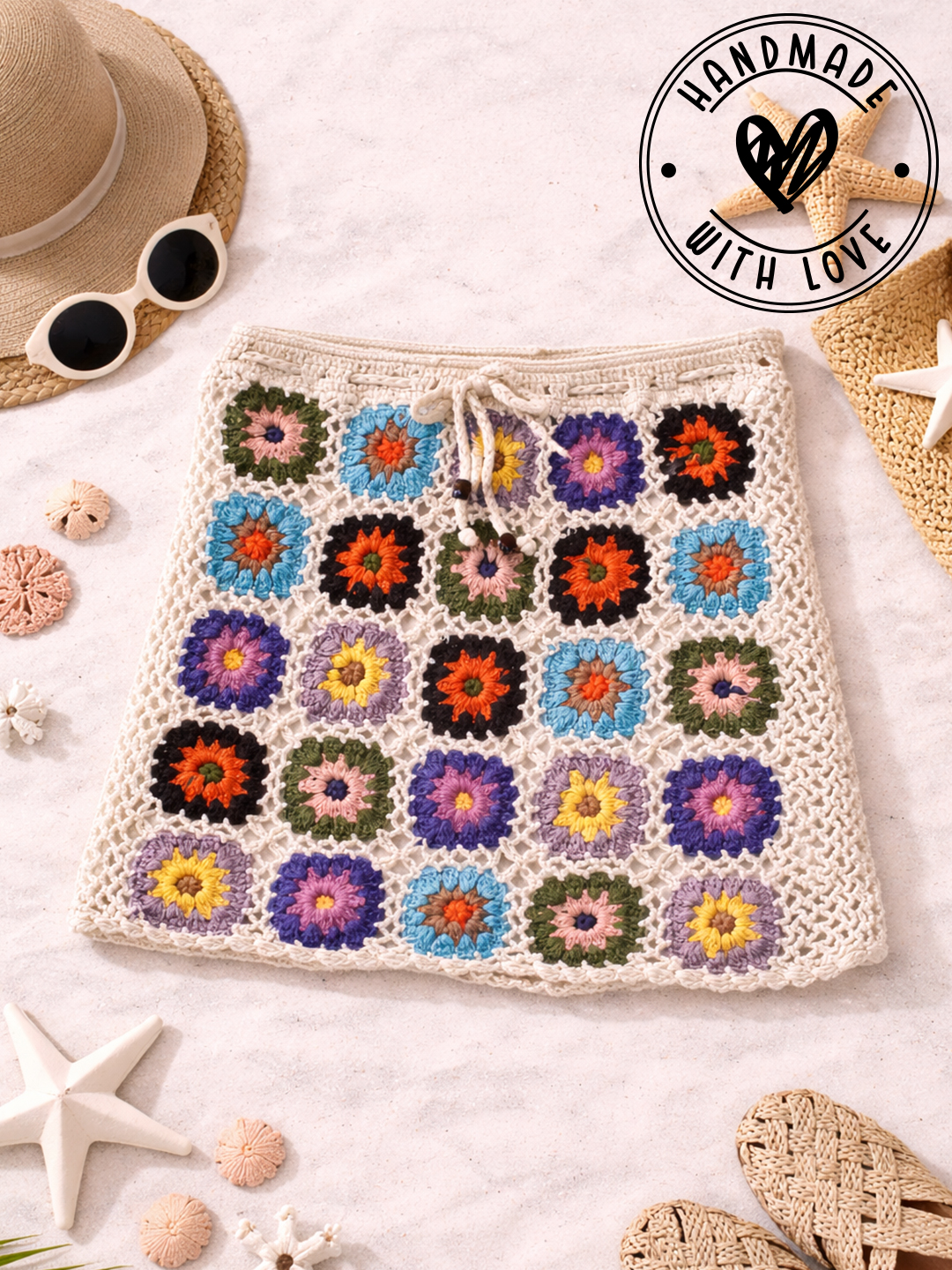 Woonie Cotton Hand Knitted Crochet Detailed Skirt - Multicolor