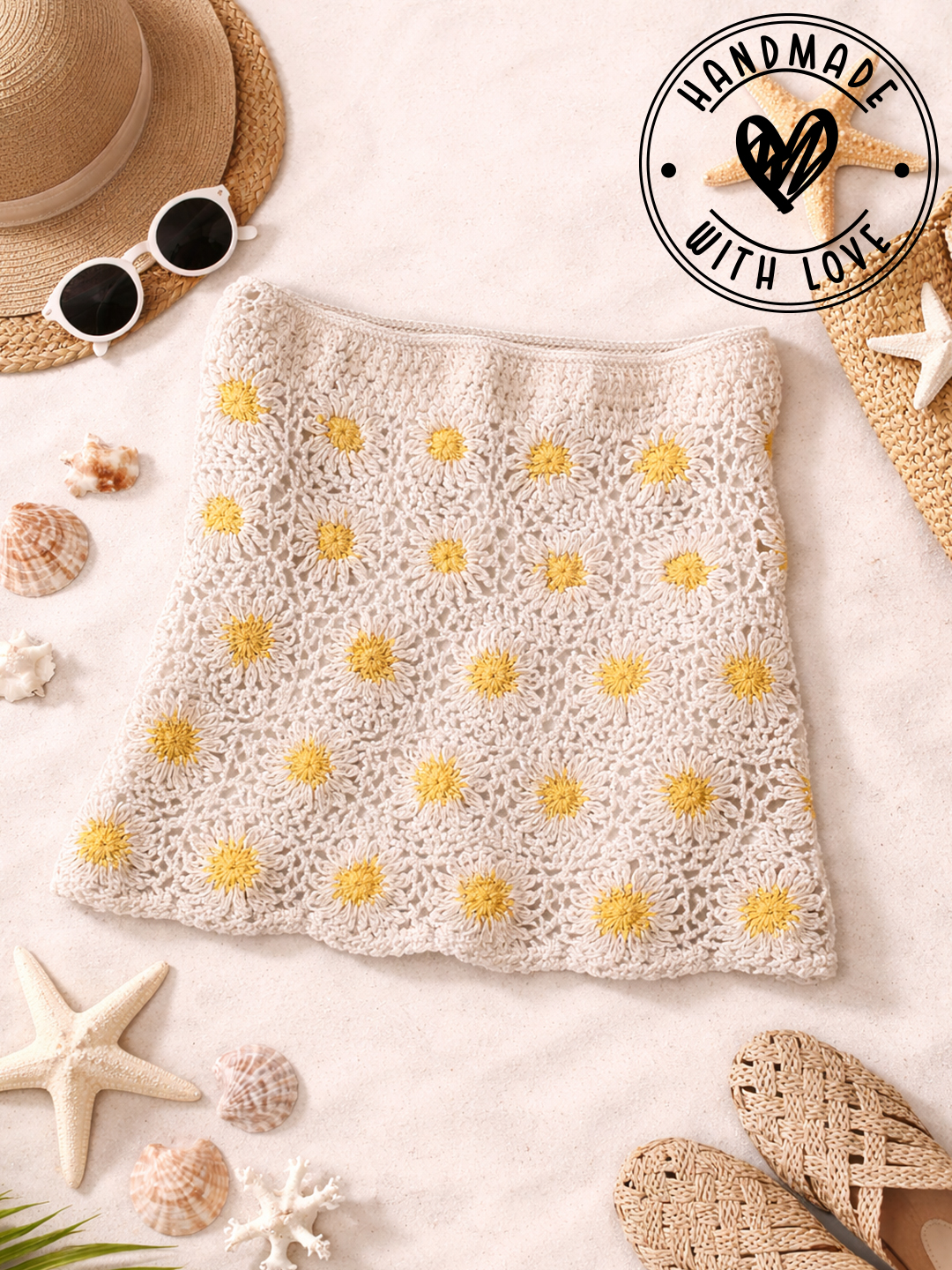 Woonie Cotton Hand Knitted Crochet Detailed Skirt - Cream