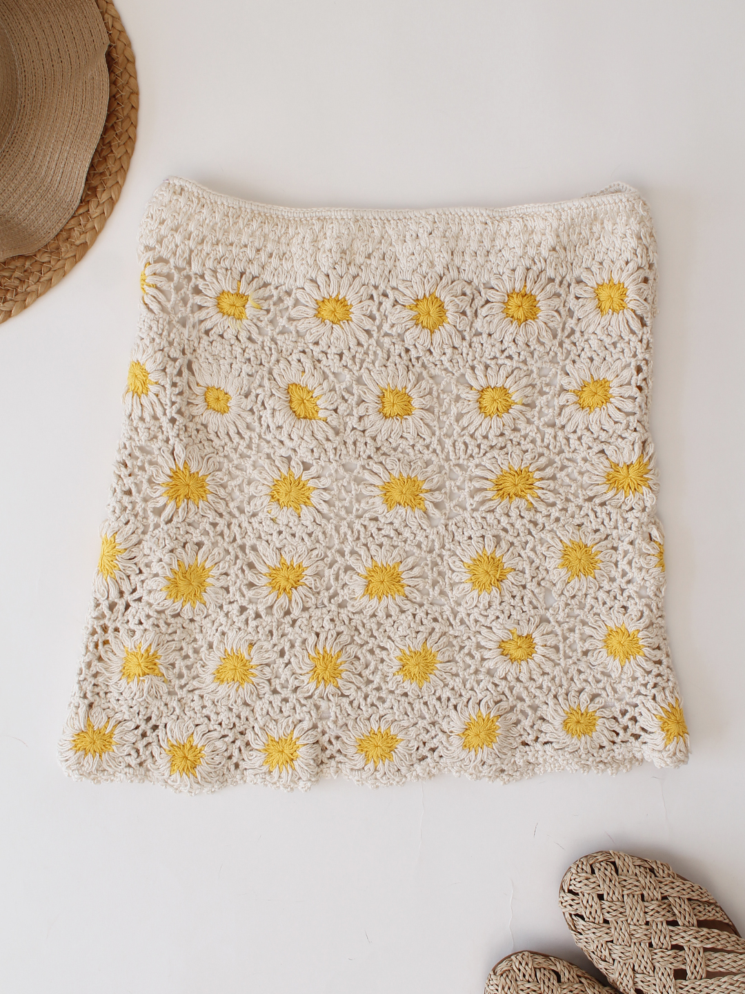 Woonie Cotton Hand Knitted Crochet Detailed Skirt - Cream