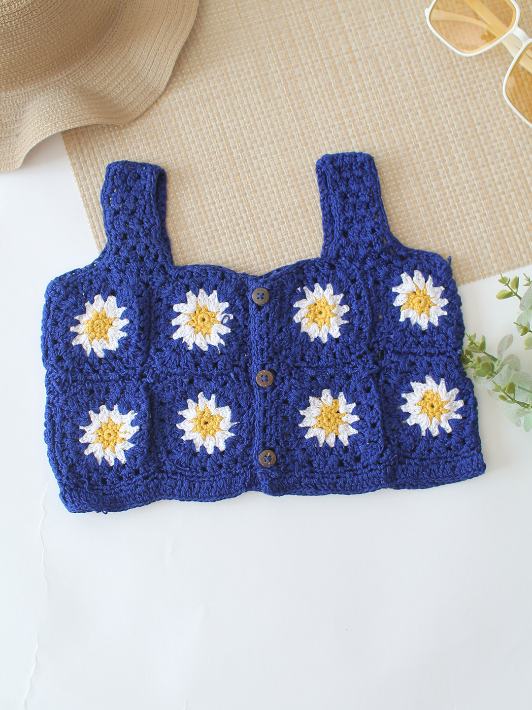 Woonie Daisy Granny Square Top - Blue