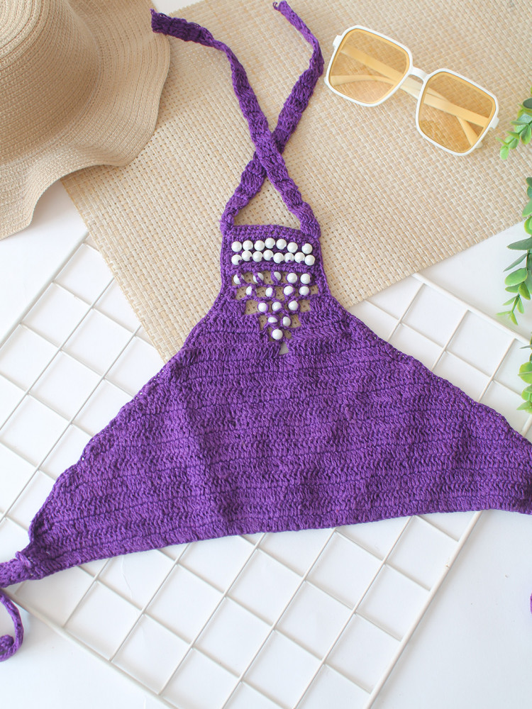 Image of Woonie Pearl Embellished Halterneck Top - Purple