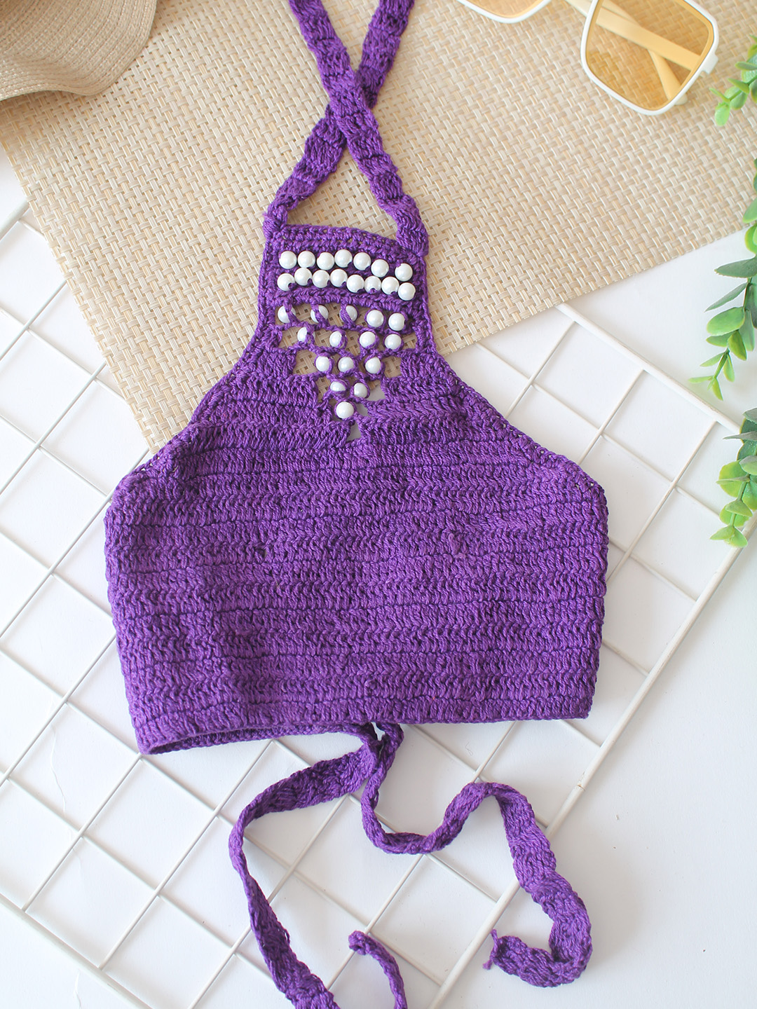 Woonie Pearl Embellished Halterneck Top - Purple