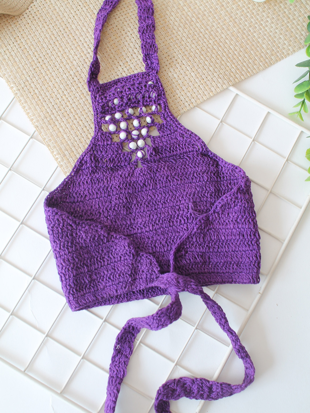 Woonie Pearl Embellished Halterneck Top - Purple