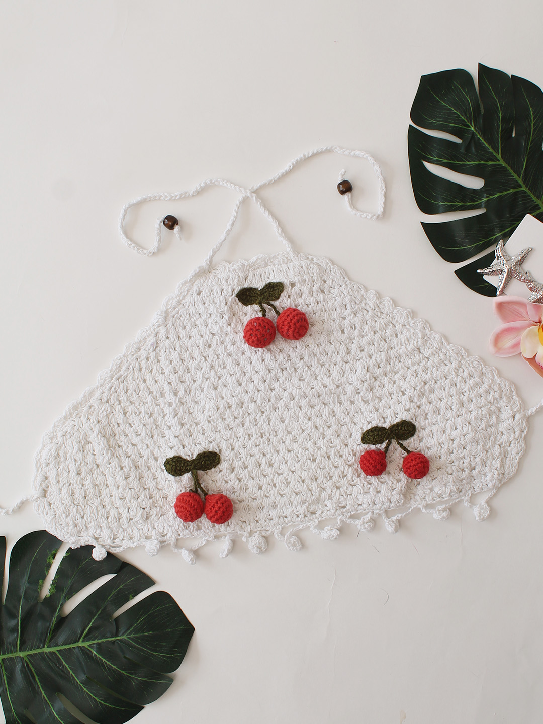 Woonie Cherry Applique Design Halterneck Top - White