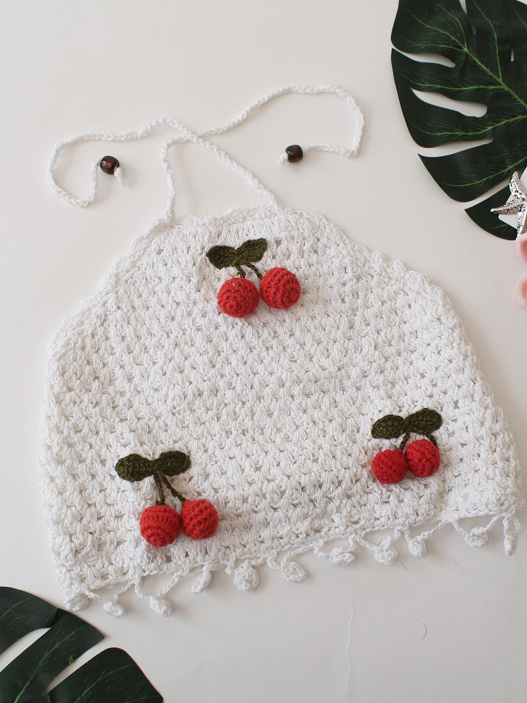 Woonie Cherry Applique Design Halterneck Top - White
