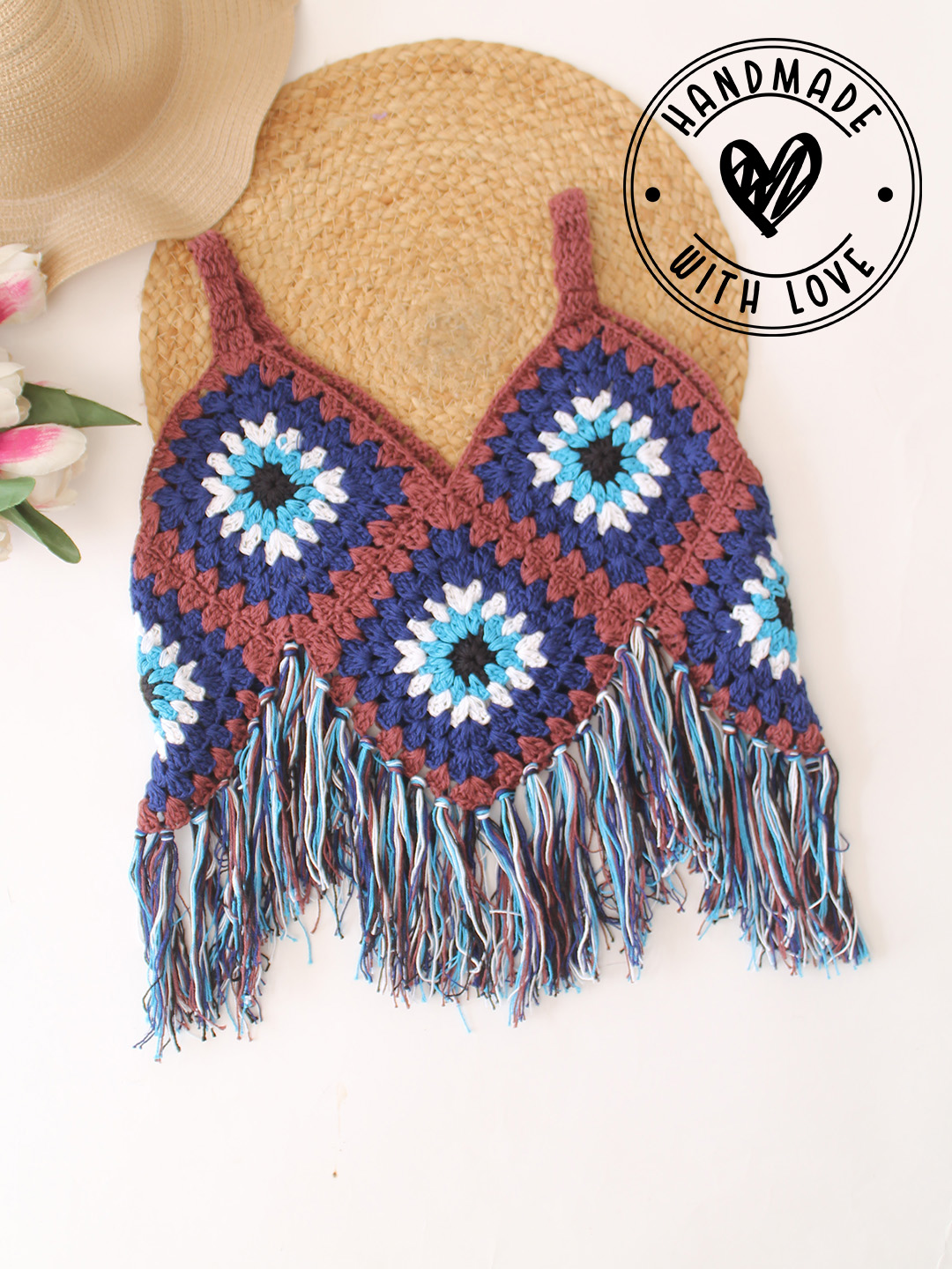 Crochet Evil Eye Sleeveless Top  Blue