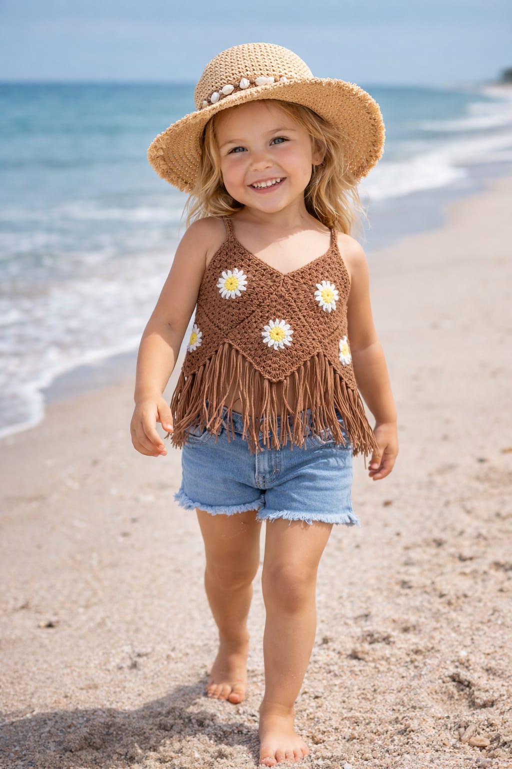 Breezy Floral Fringes Detailed Crochet Top  Beige