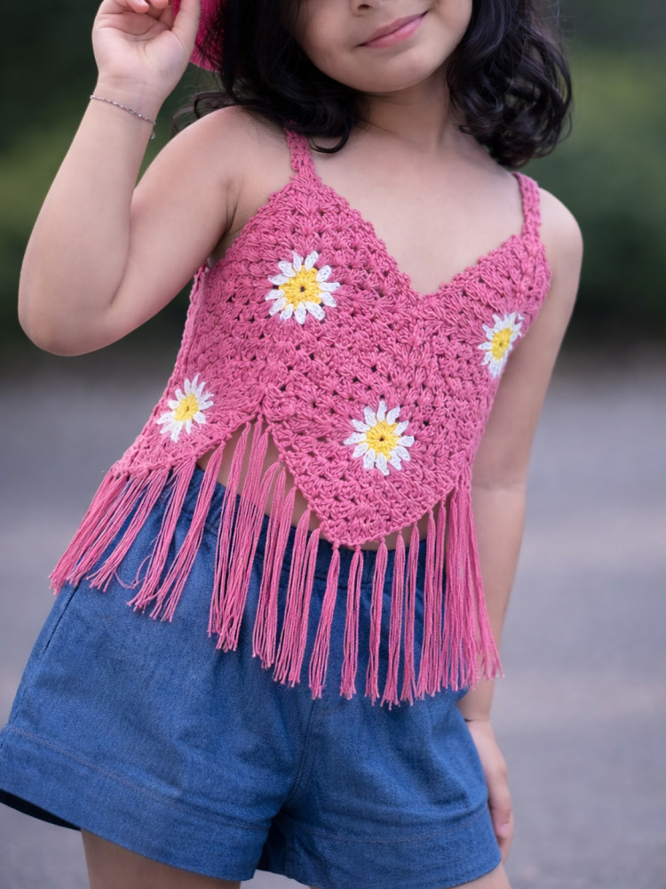 Image of Floral Fringes Detailed Crochet Top - Pink