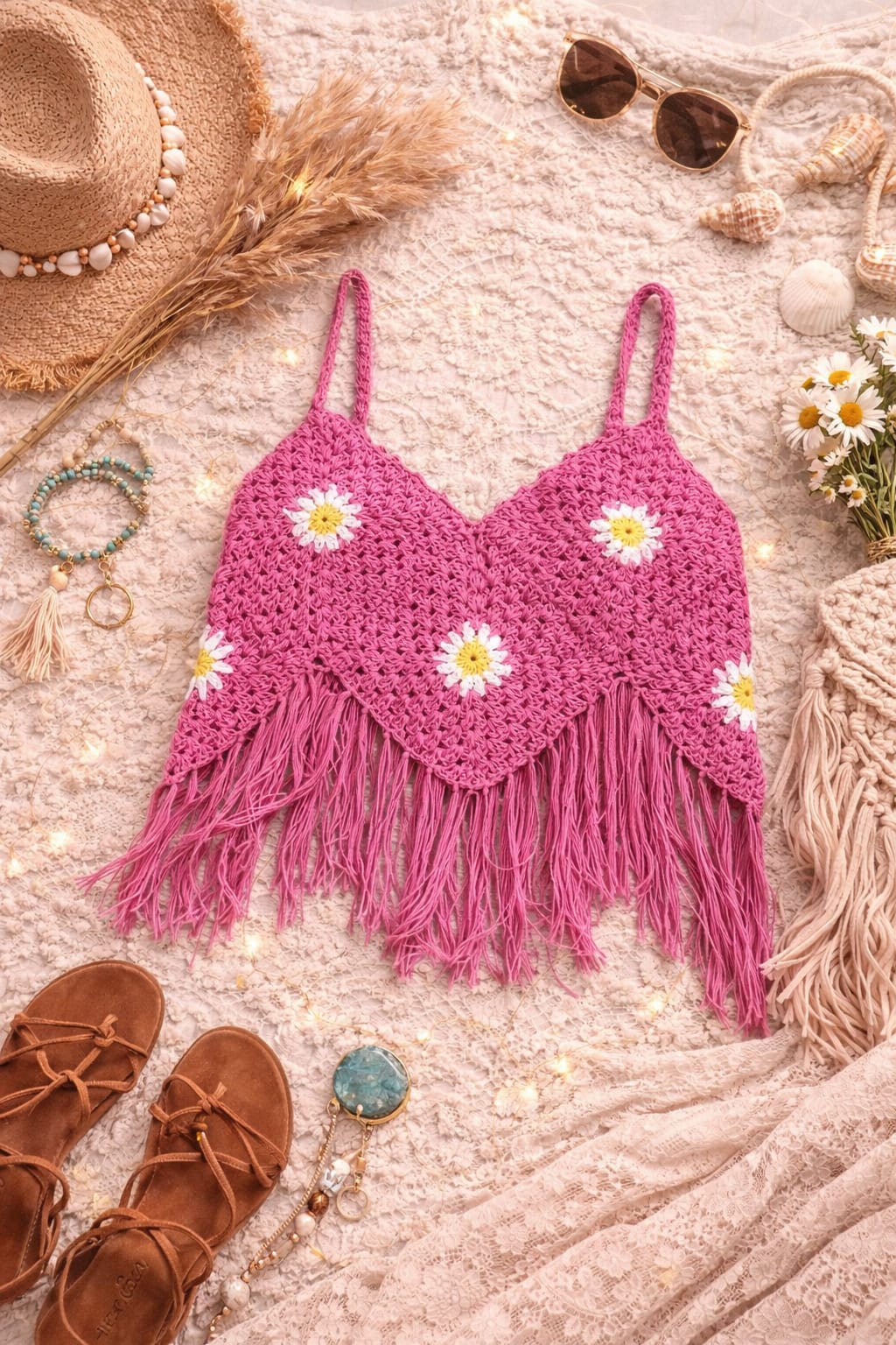Floral Fringes Detailed Crochet Top  Pink