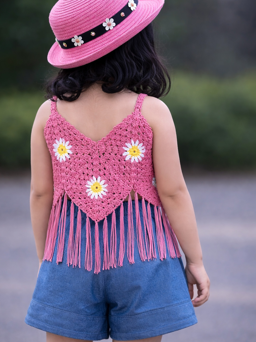 Floral Fringes Detailed Crochet Top  Pink