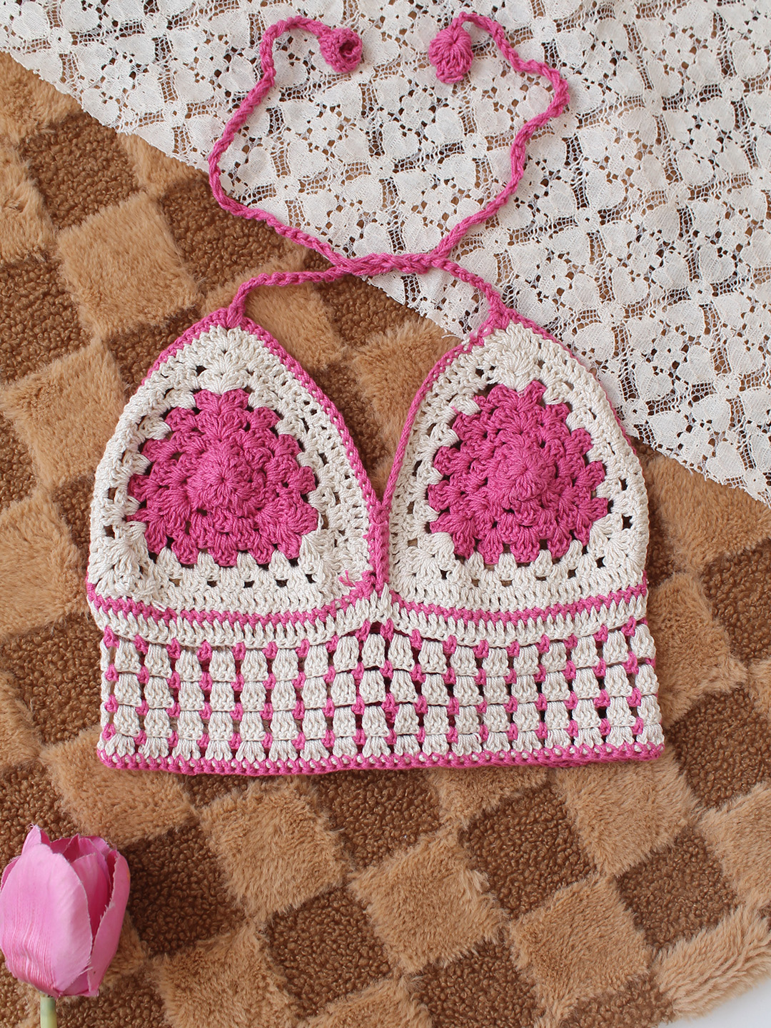 Crochet Sleeveless Colorblock Top  Pink