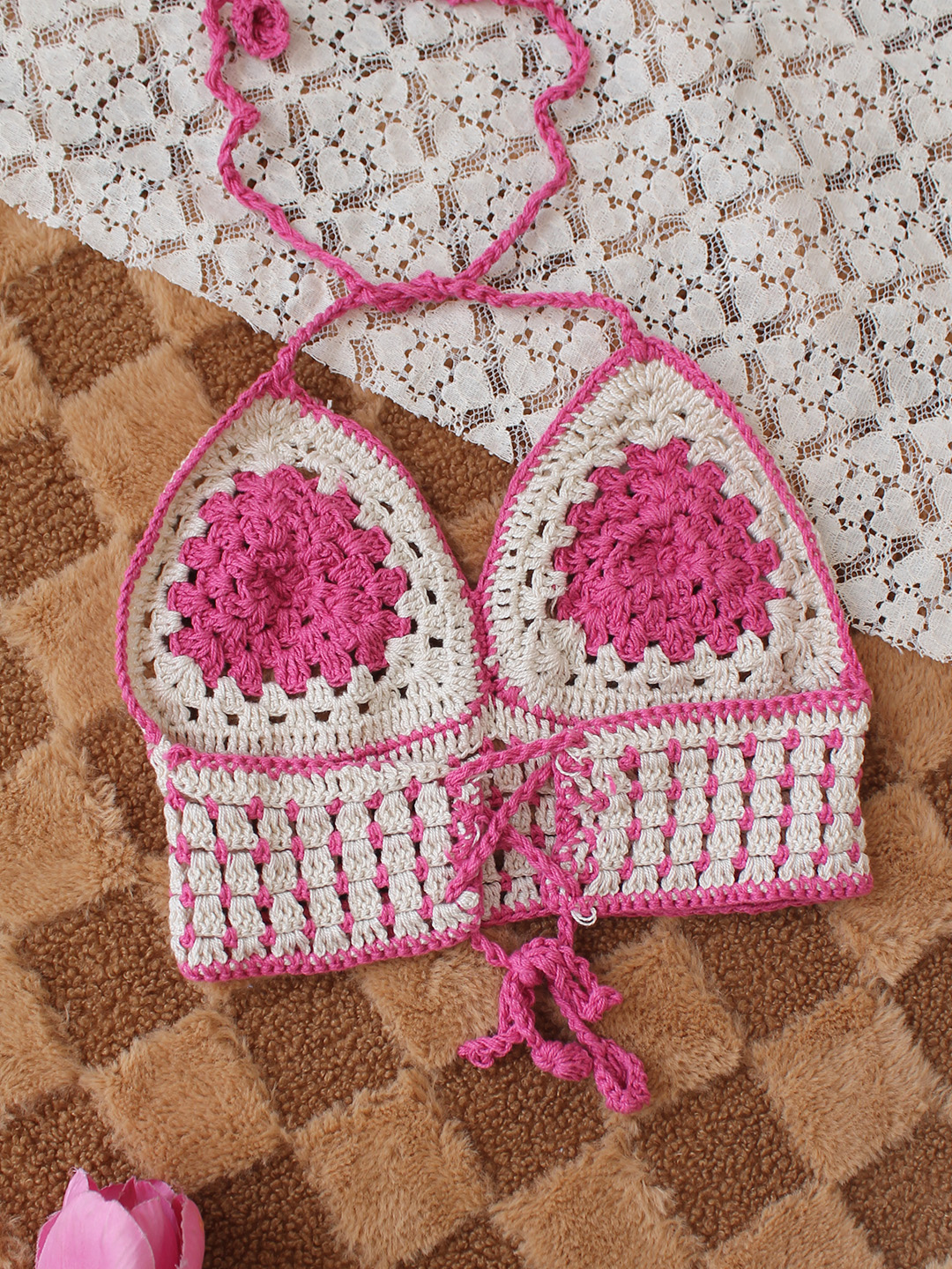 Crochet Sleeveless Colorblock Top  Pink