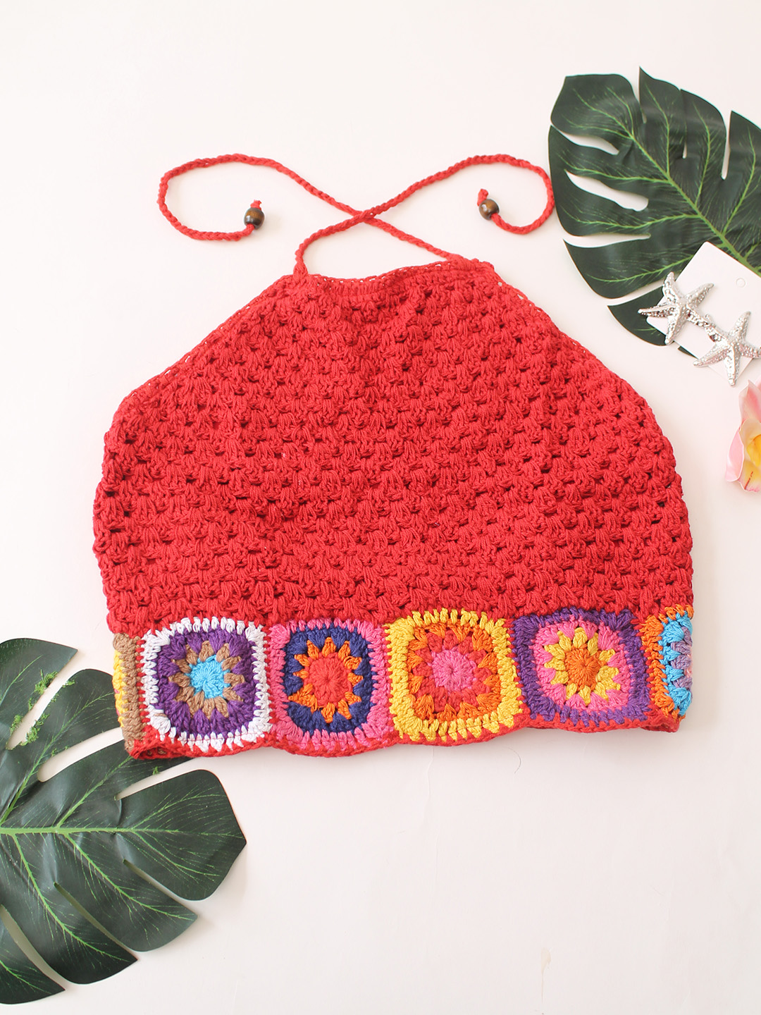 Crochet Granny Square Halterneck Top  Red