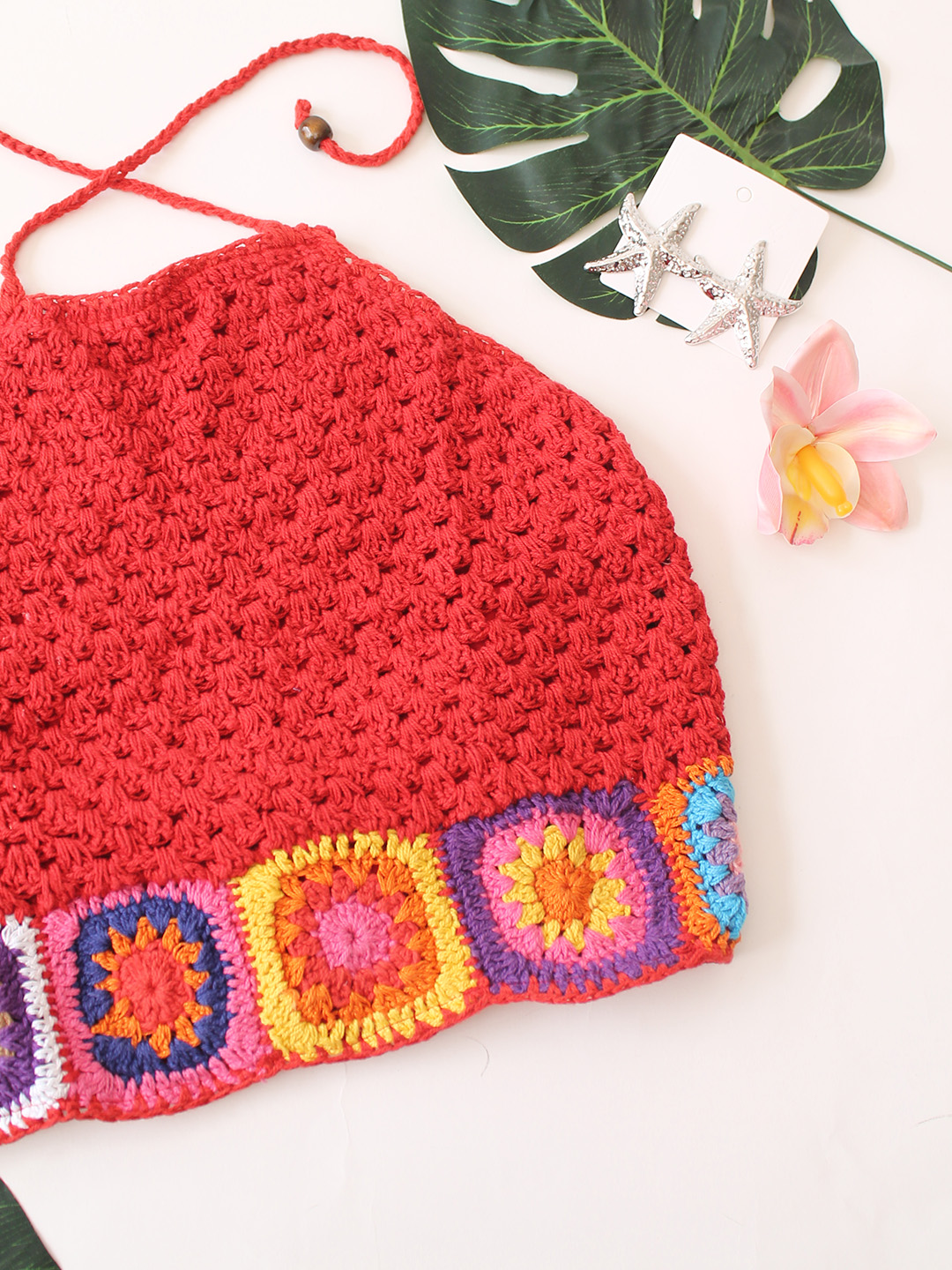 Crochet Granny Square Halterneck Top  Red