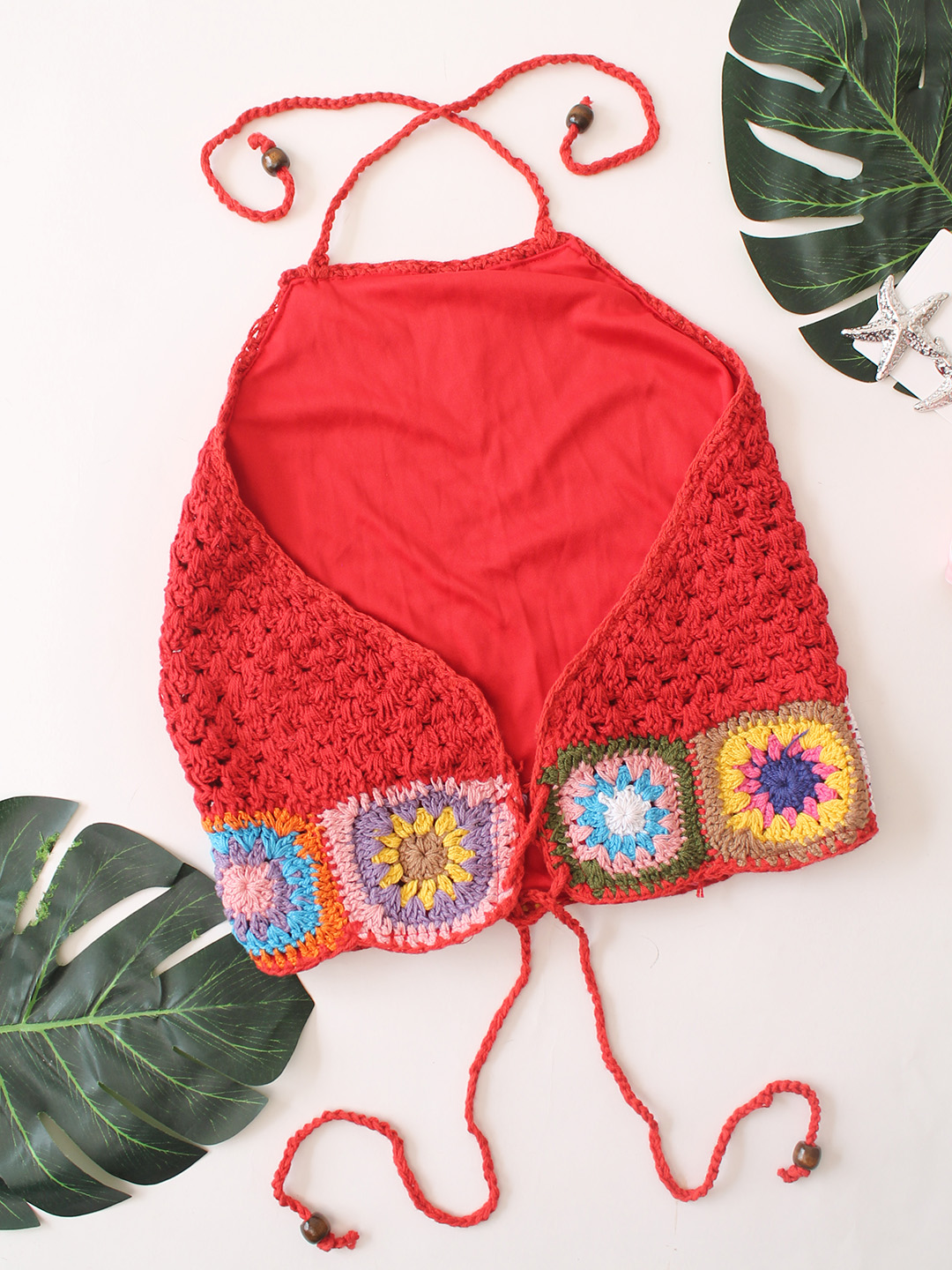 Crochet Granny Square Halterneck Top  Red