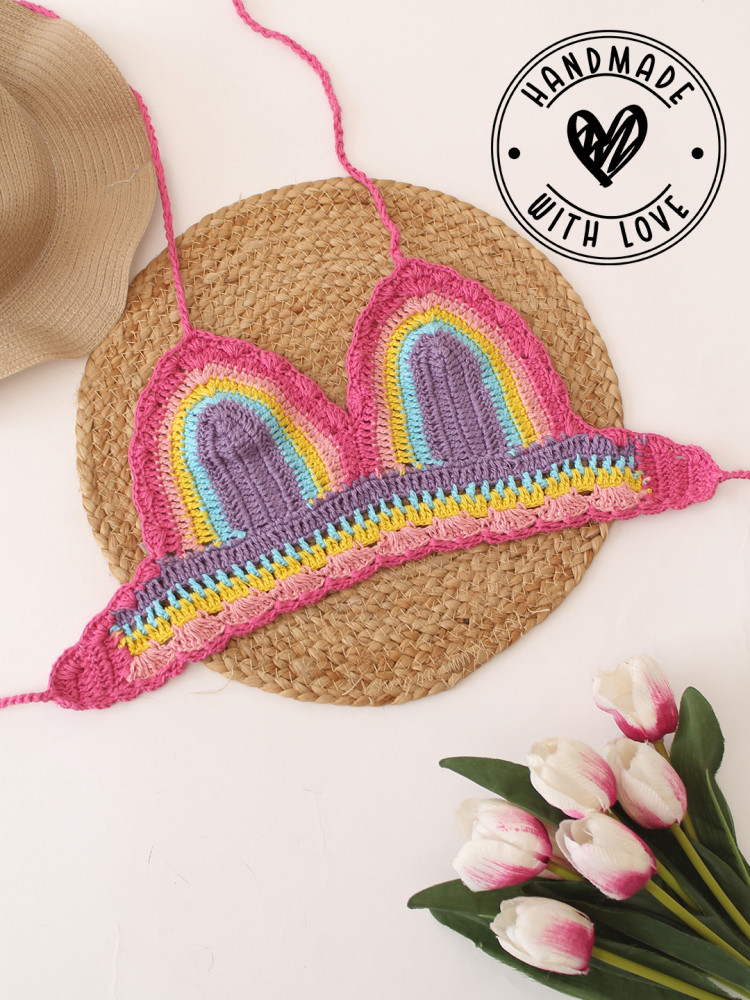 Image of Woonie Rainbow Striped Beach Crop Top - Multicolor