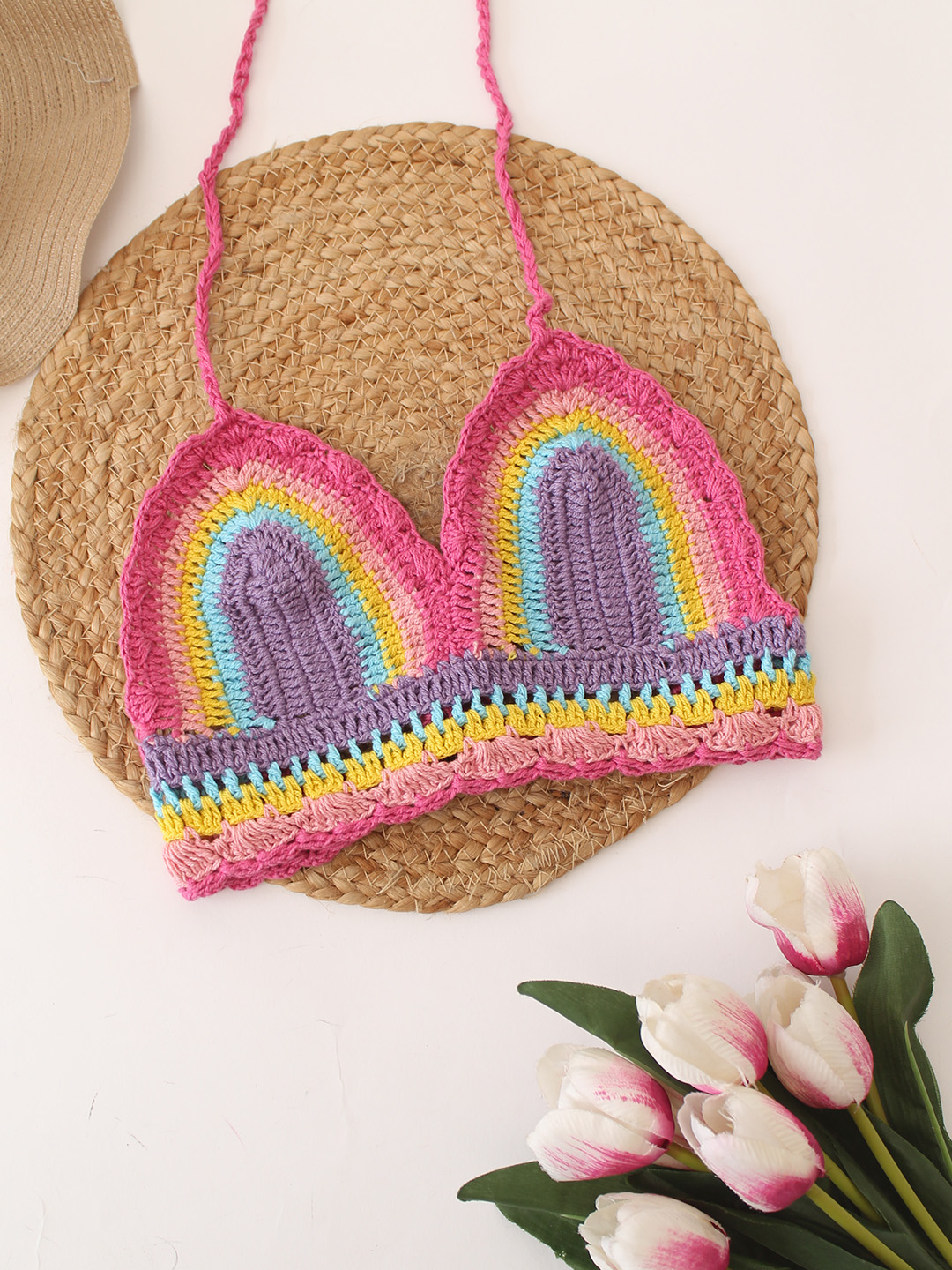 Woonie Rainbow Striped Beach Crop Top  Multicolor