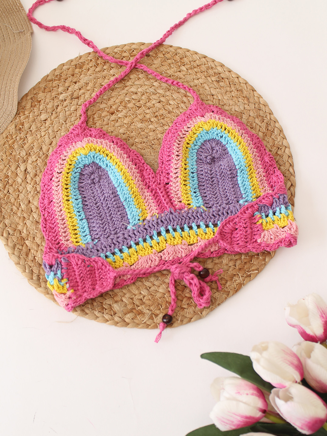 Woonie Rainbow Striped Beach Crop Top  Multicolor