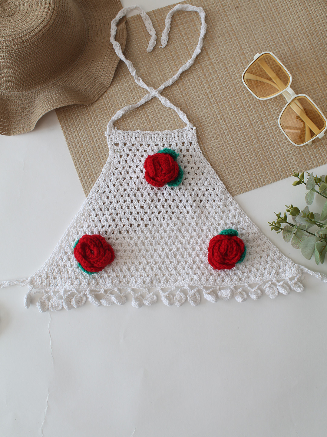 Woonie Rose Applique Crop Top - White