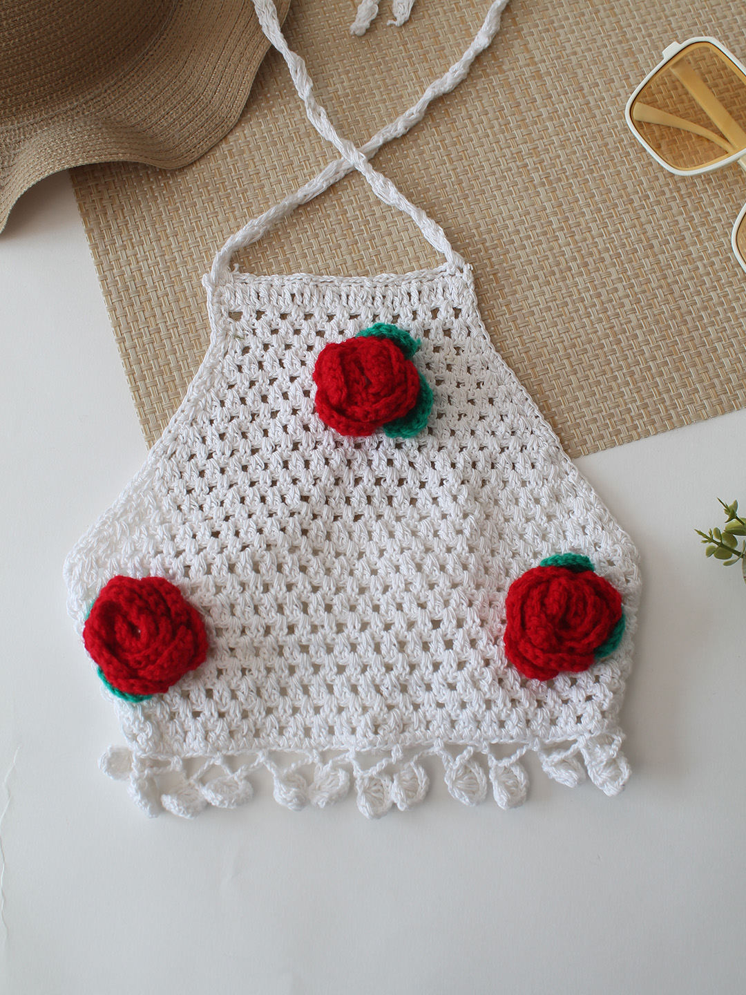 Woonie Rose Applique Crop Top - White