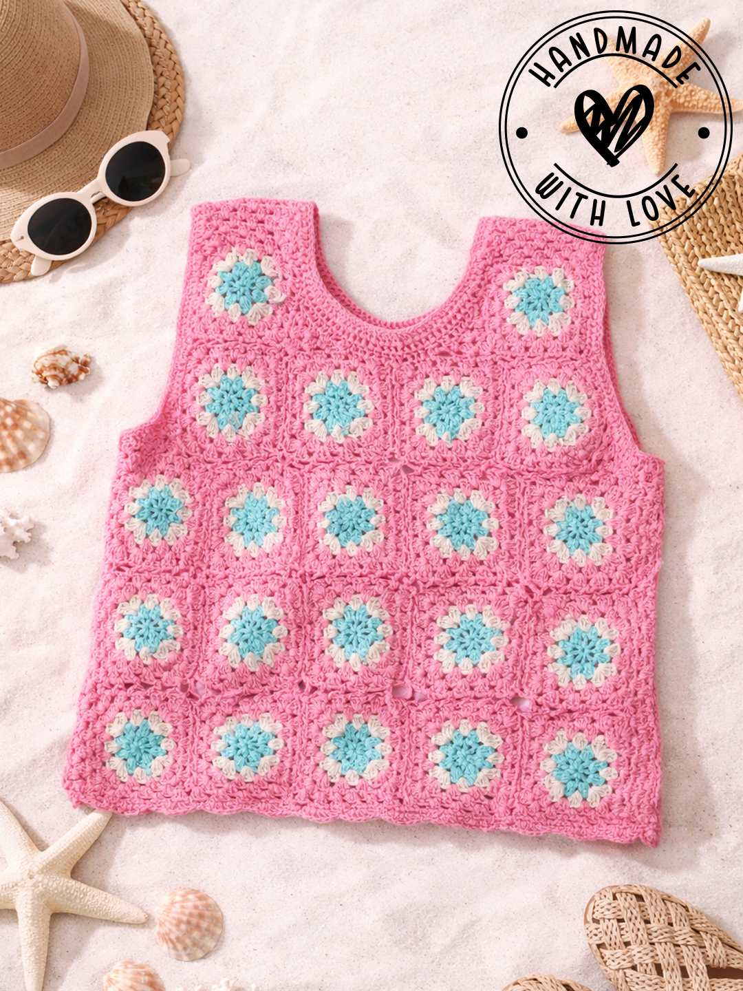 Woonie Crochet Granny Square Summer Crop Top - Pink