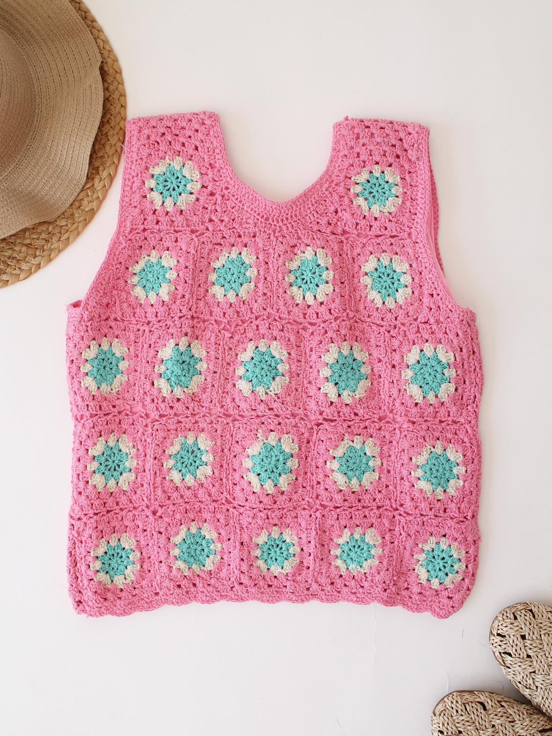 Woonie Crochet Granny Square Summer Crop Top - Pink