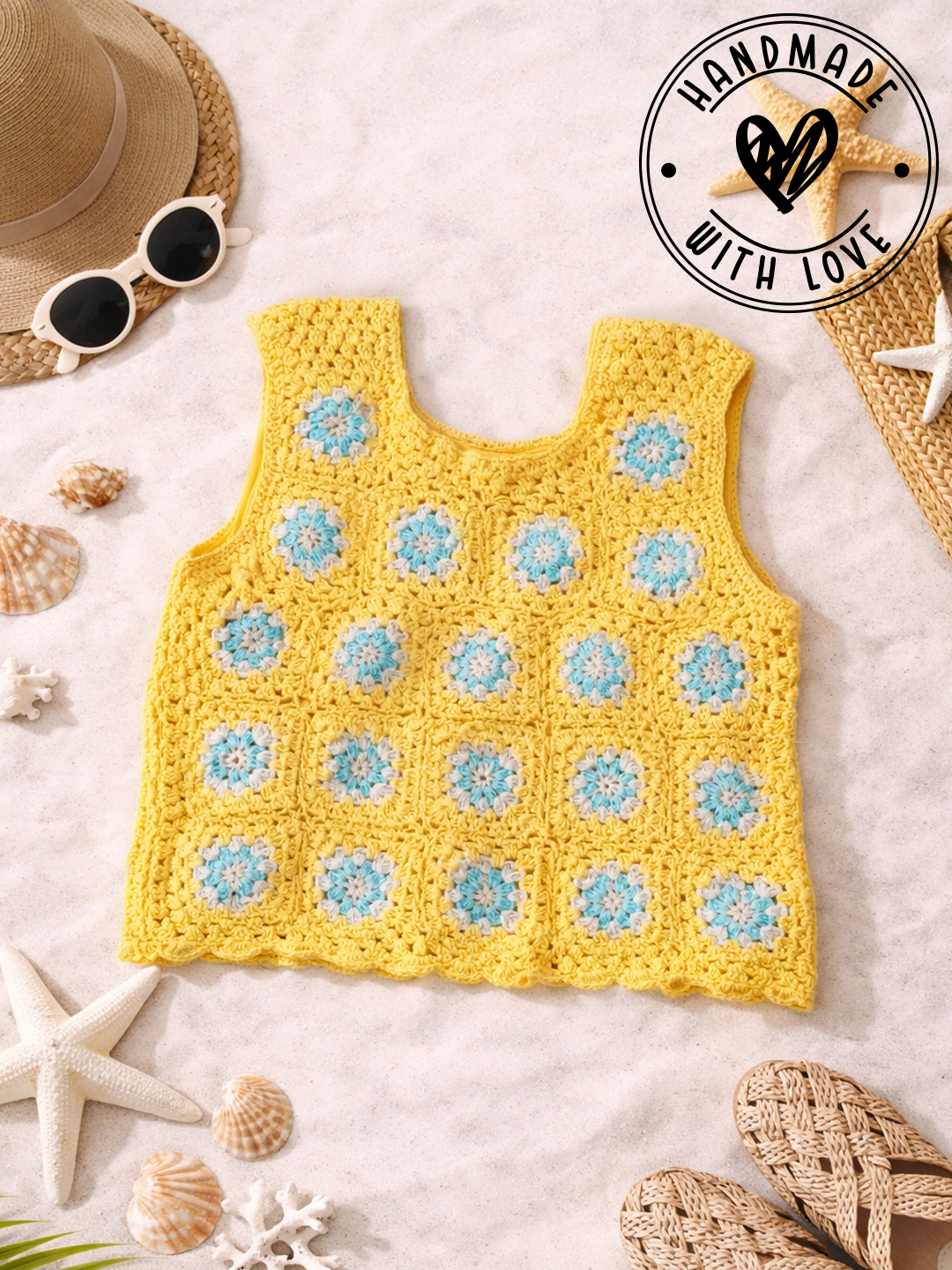 Woonie Crochet Granny Square Summer Crop Top  Yellow