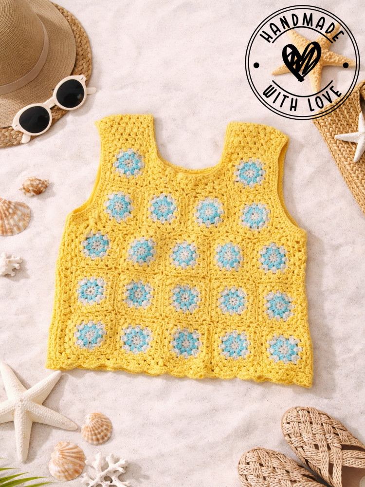 Image of Woonie Crochet Granny Square Summer Crop Top - Yellow