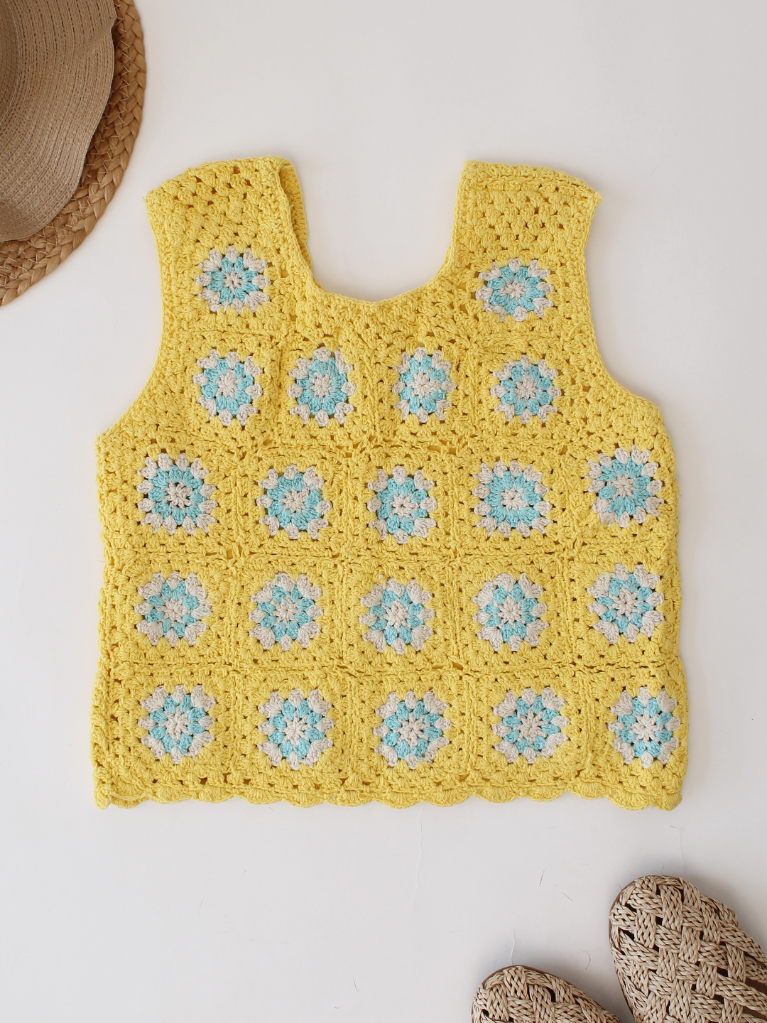 Woonie Crochet Granny Square Summer Crop Top  Yellow