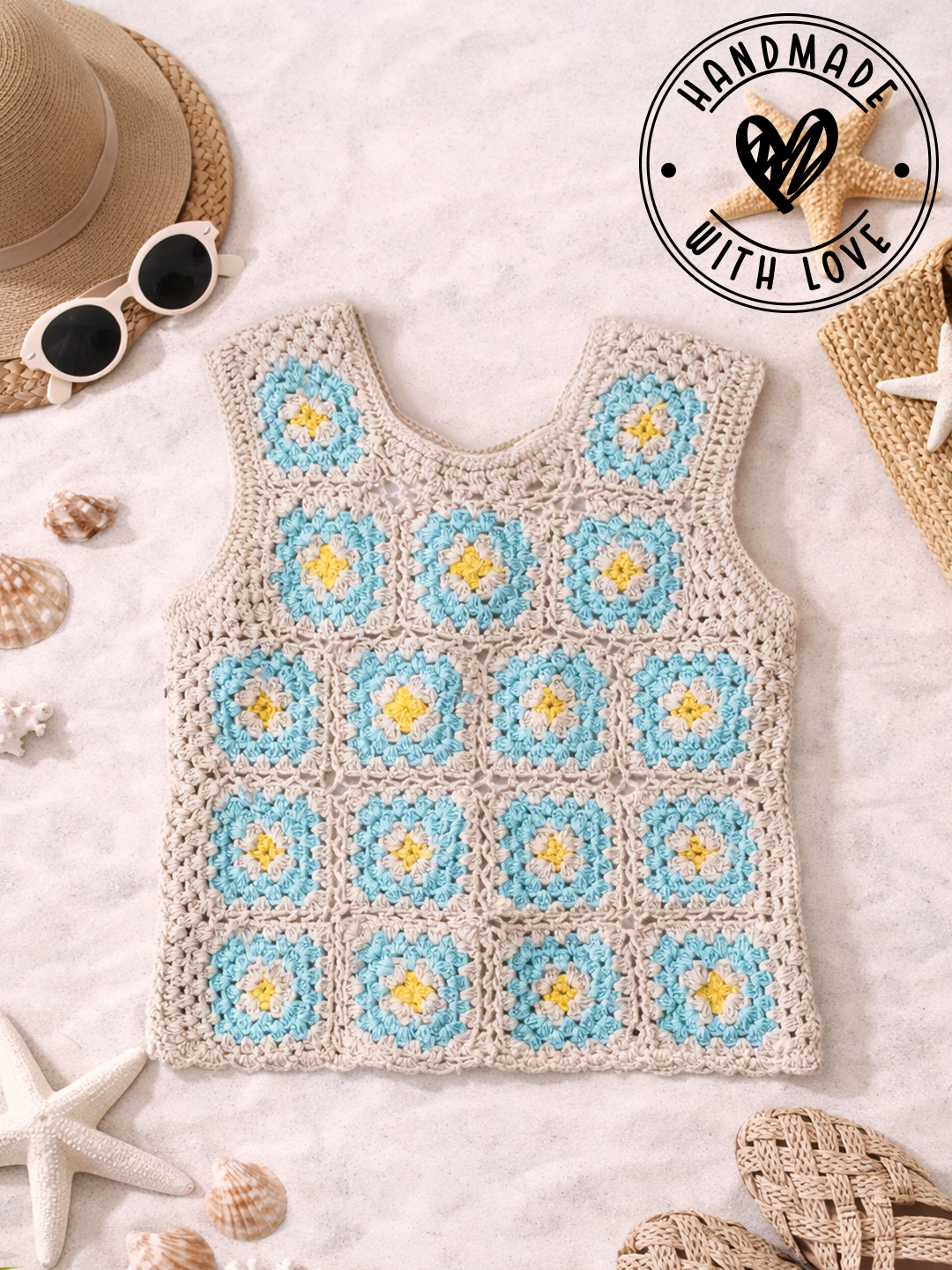 Woonie Crochet Granny Square Summer Crop Top  Cream
