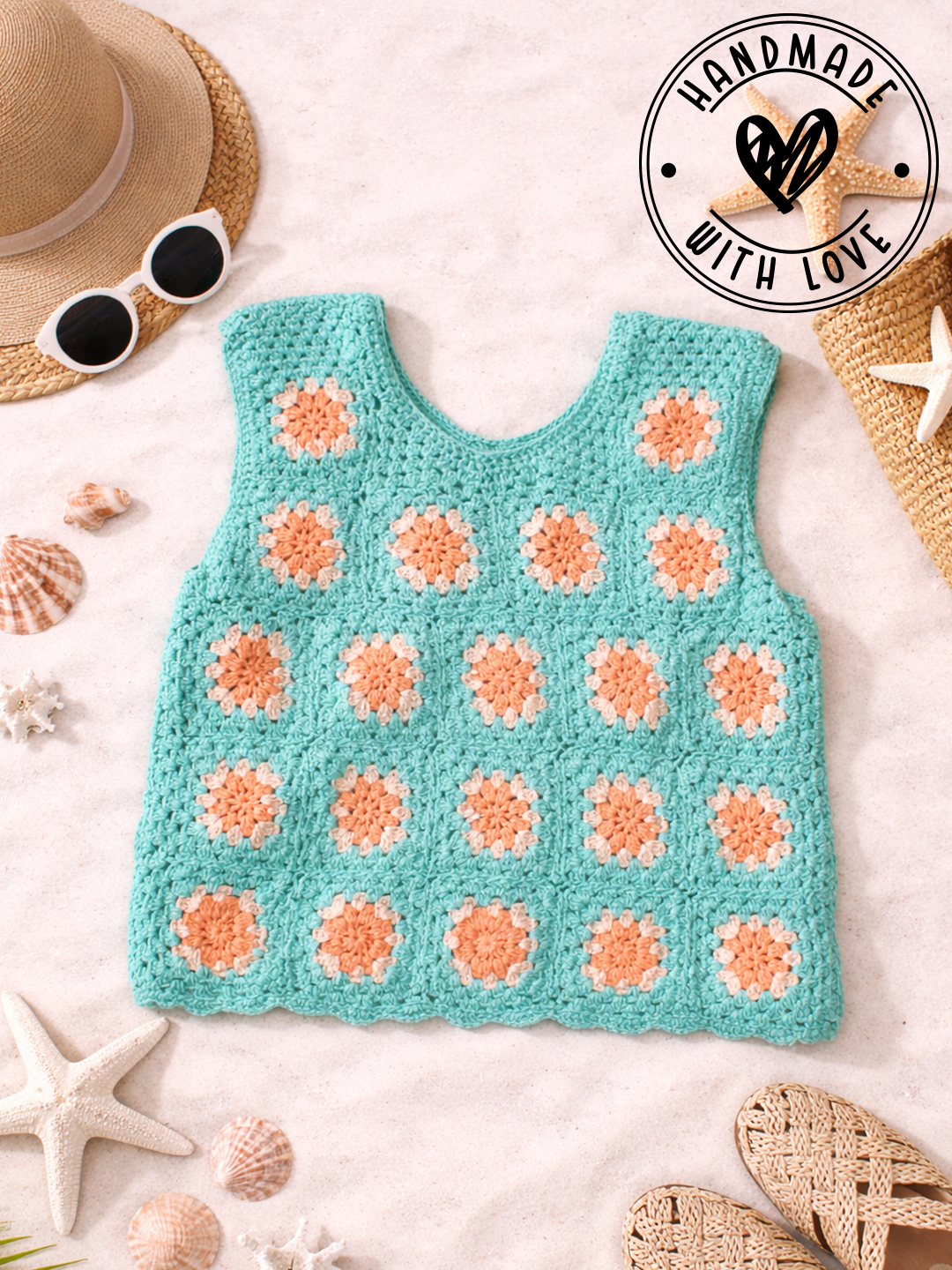 Woonie Crochet Granny Square Summer Crop Top  Sea Green