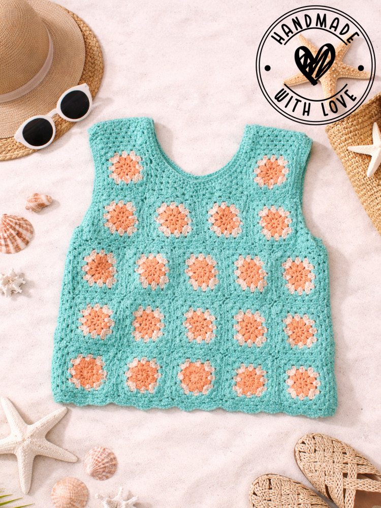 Image of Woonie Crochet Granny Square Summer Crop Top - Sea Green