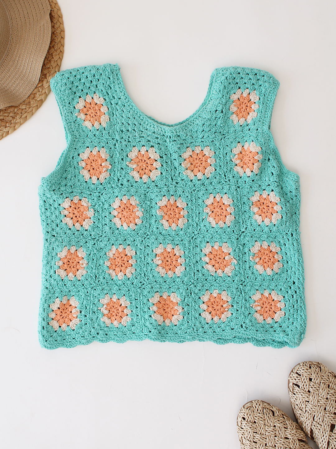 Woonie Crochet Granny Square Summer Crop Top  Sea Green