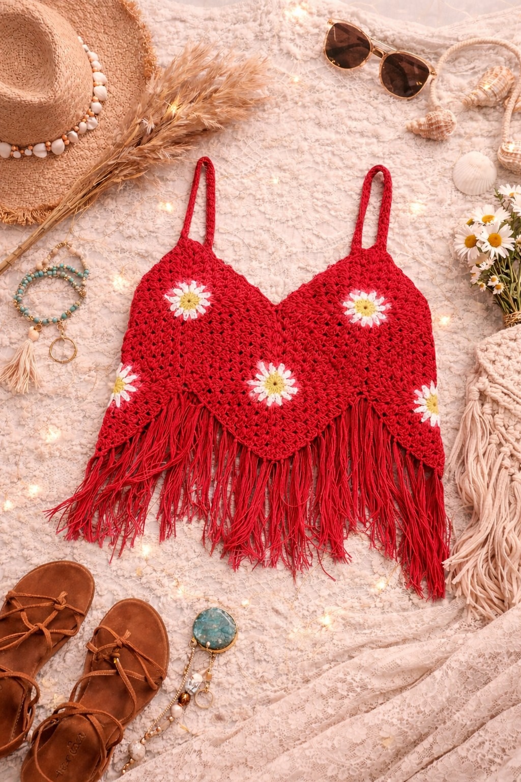 WoonieFloral Designed Crochet Crop Top  Red