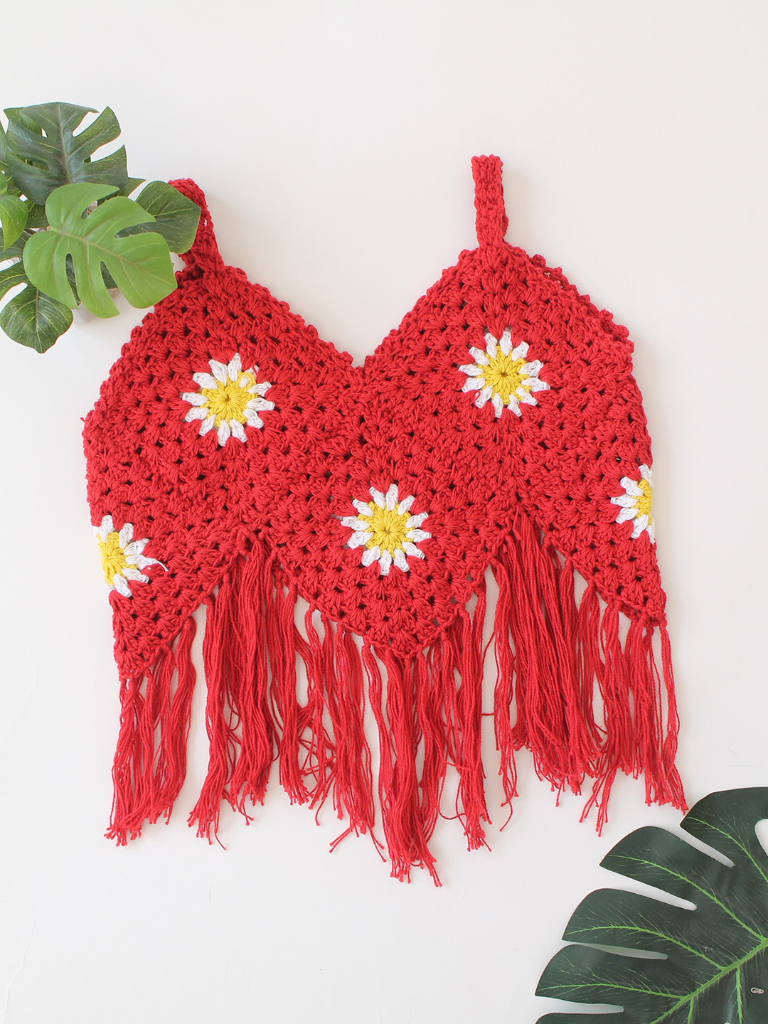 WoonieFloral Designed Crochet Crop Top  Red