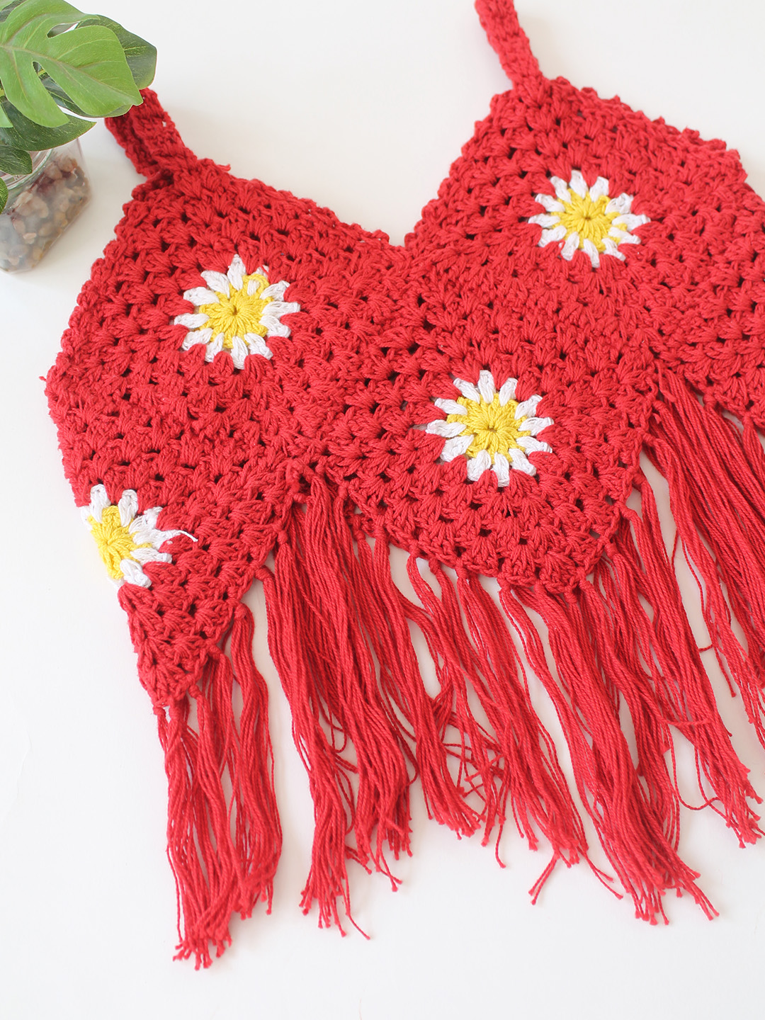 WoonieFloral Designed Crochet Crop Top  Red